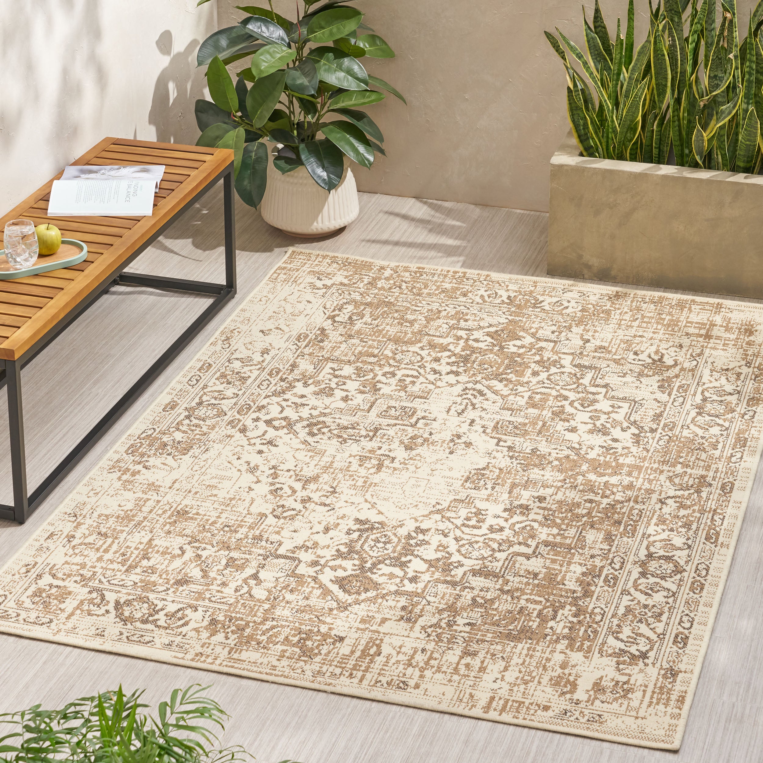 84" x 63" Outdoor Rug with Rectangle Shape and Vintage-Inspired Pattern