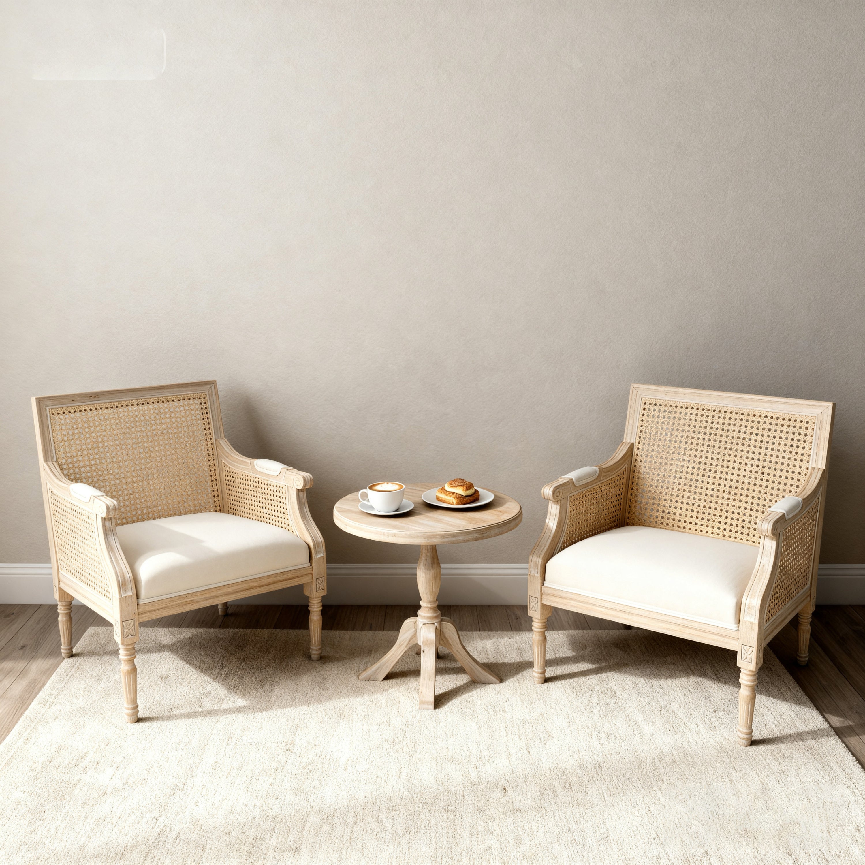 French Country Upholstered Accent Chair with Rattan Back