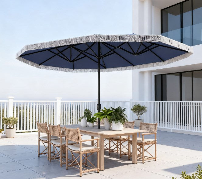 Oversized Fringe Trim Patio Umbrella with Crank Handle