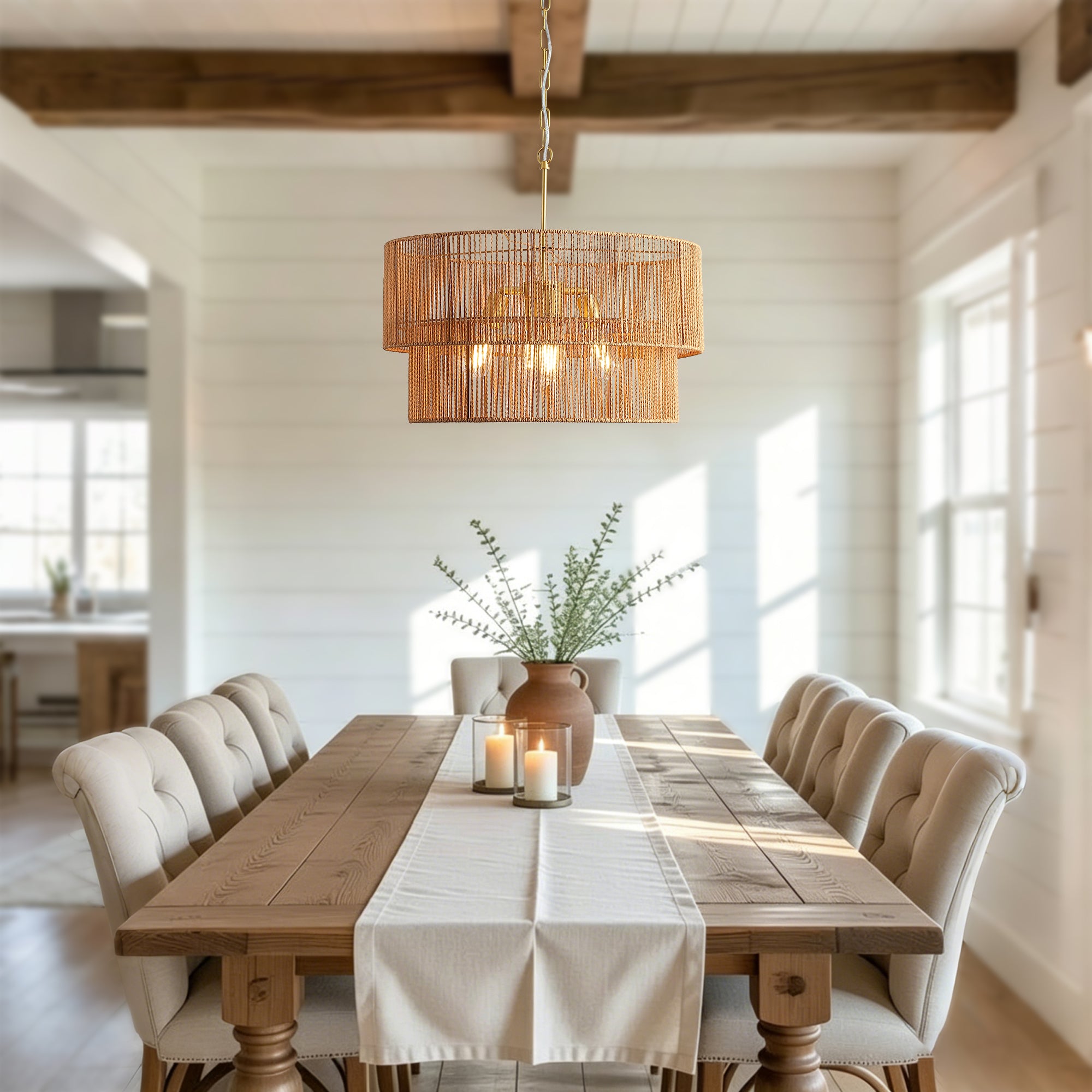 Handwoven Rattan Chandelier, 2-Tier Boho Wabi-Sabi Pendant Light