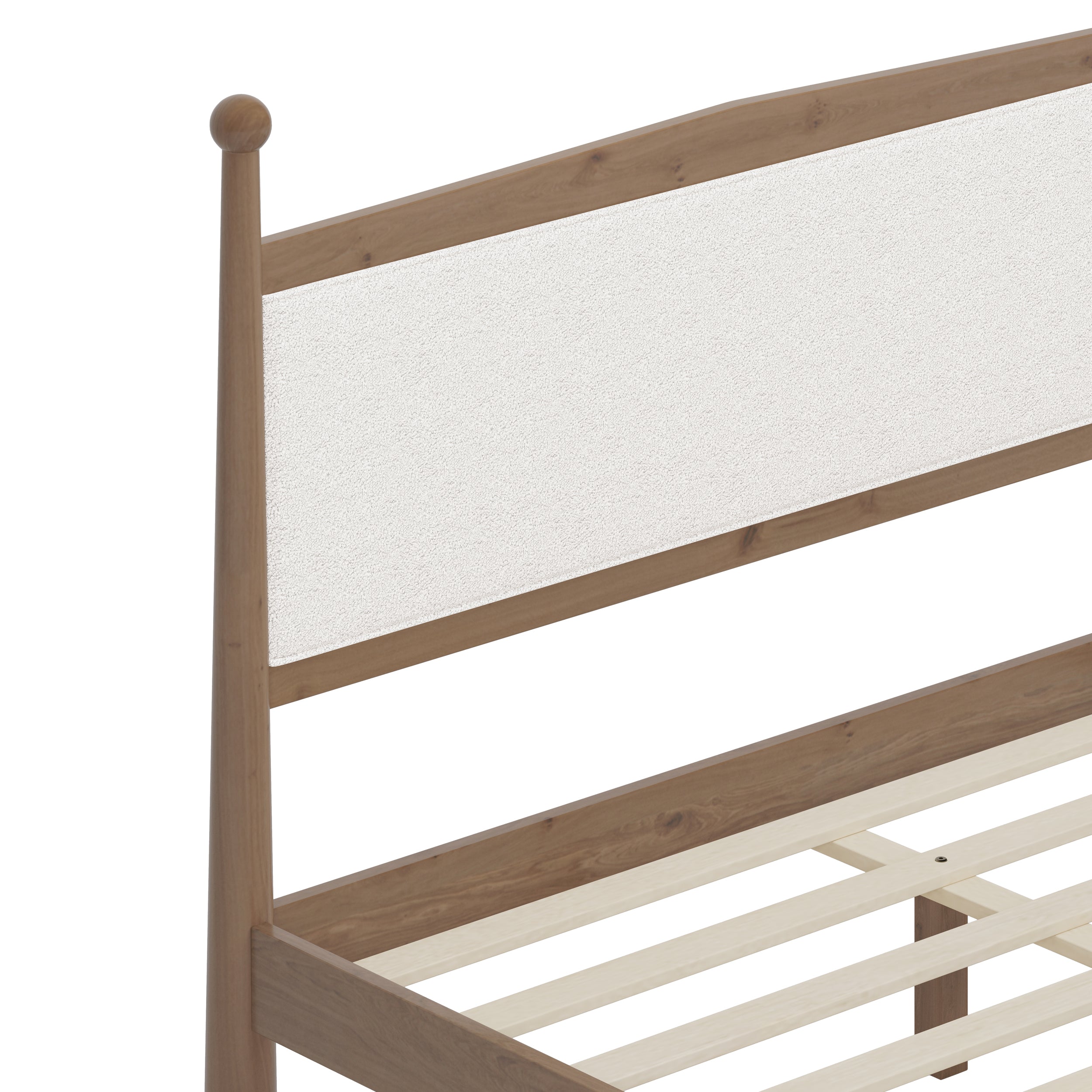 Mid-Century Modern Wood Platform Bed with Upholstered Headboard