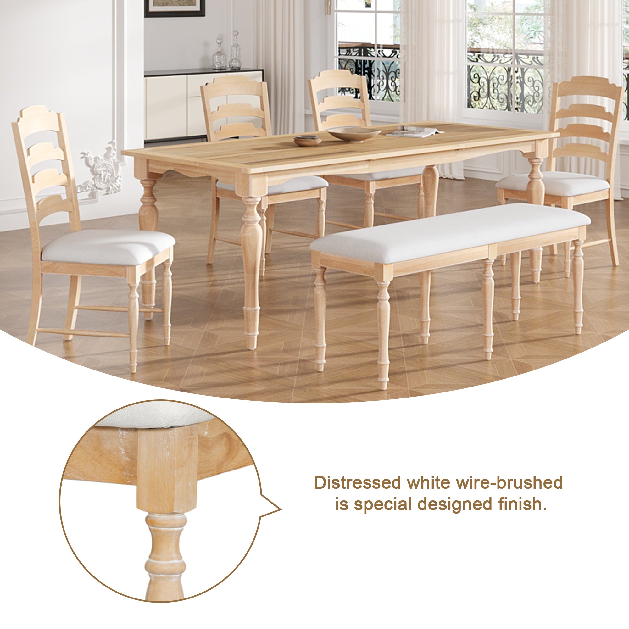 Foreverx 6-Piece Dining Set with Removable Leaf Table, Upholstered Dining Bench and 4 Chairs, Natural