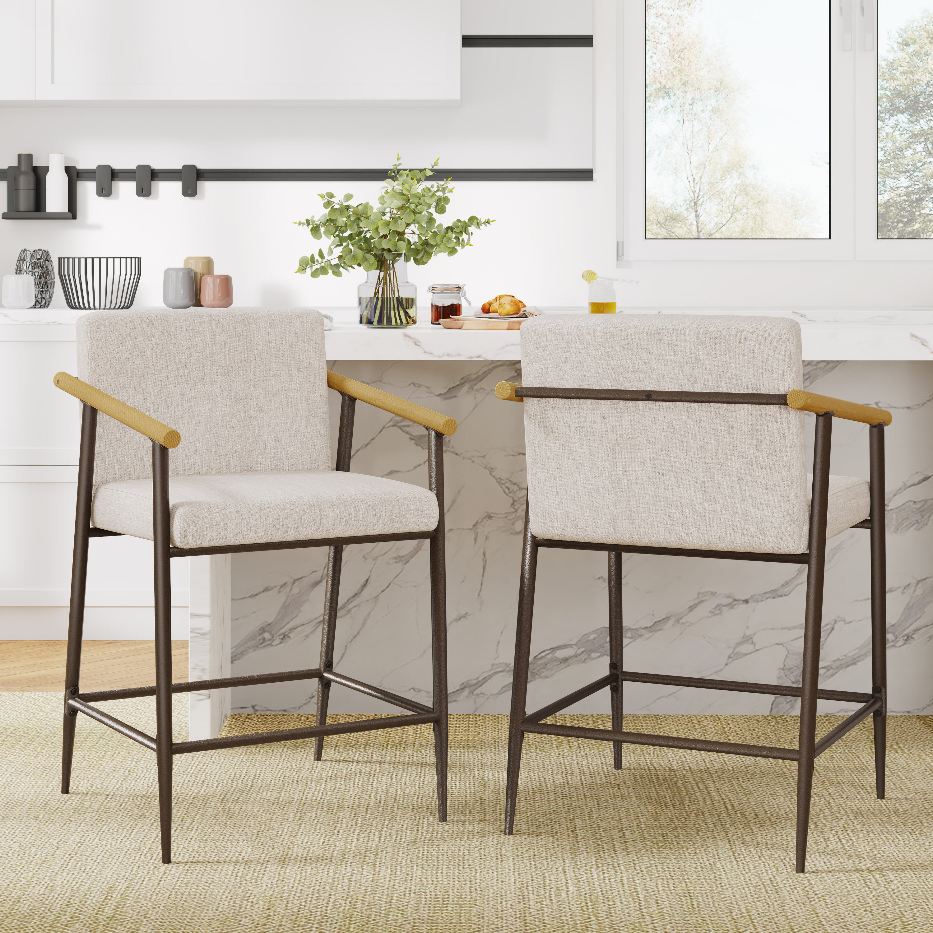 Kentwood Square Back Upholstered Counter Stool with Iron Frame, Set of 2