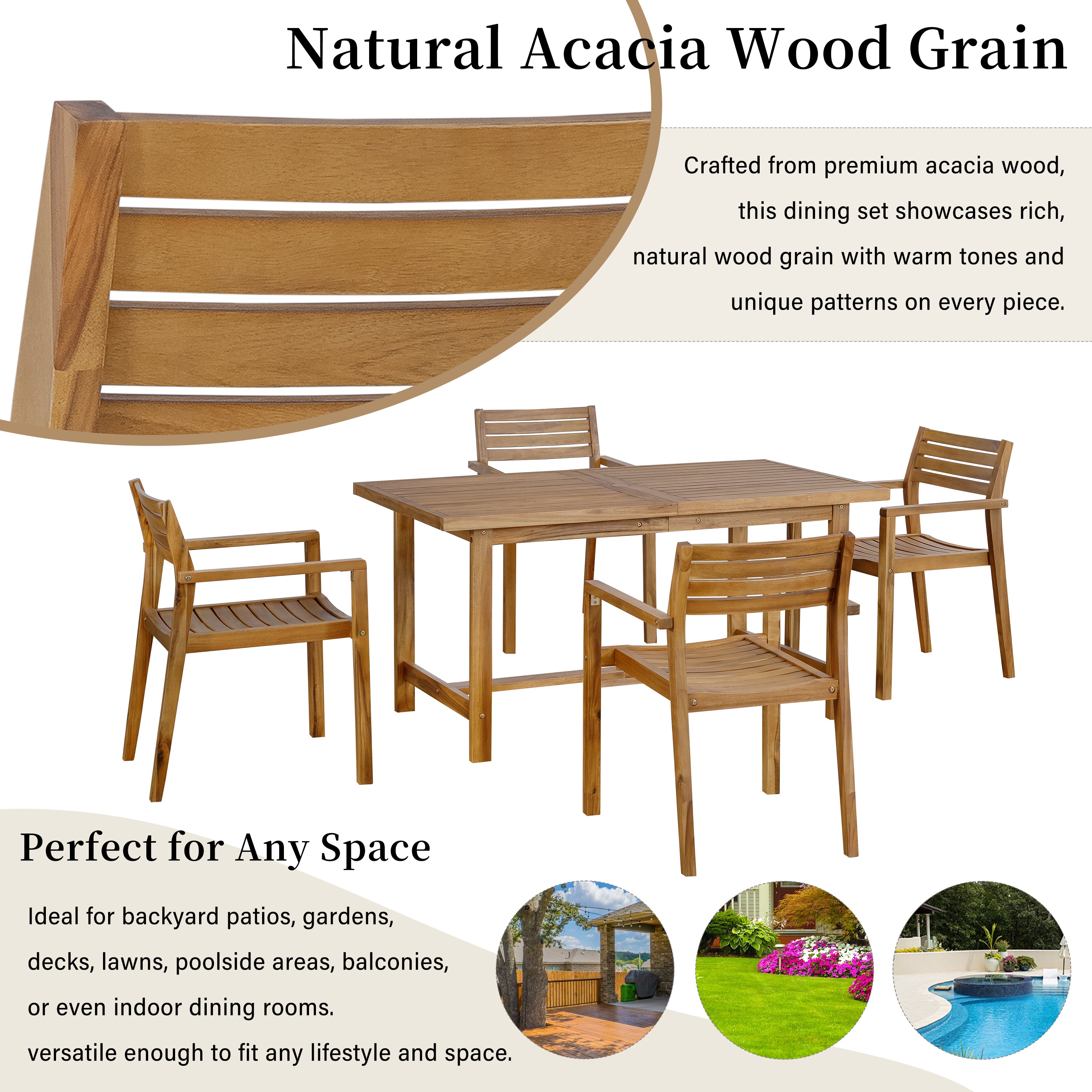 5-Piece Outdoor Acacia Wood Outdoor Dining Set, 59.06-Inch Rectangular Table with Umbrella Hole