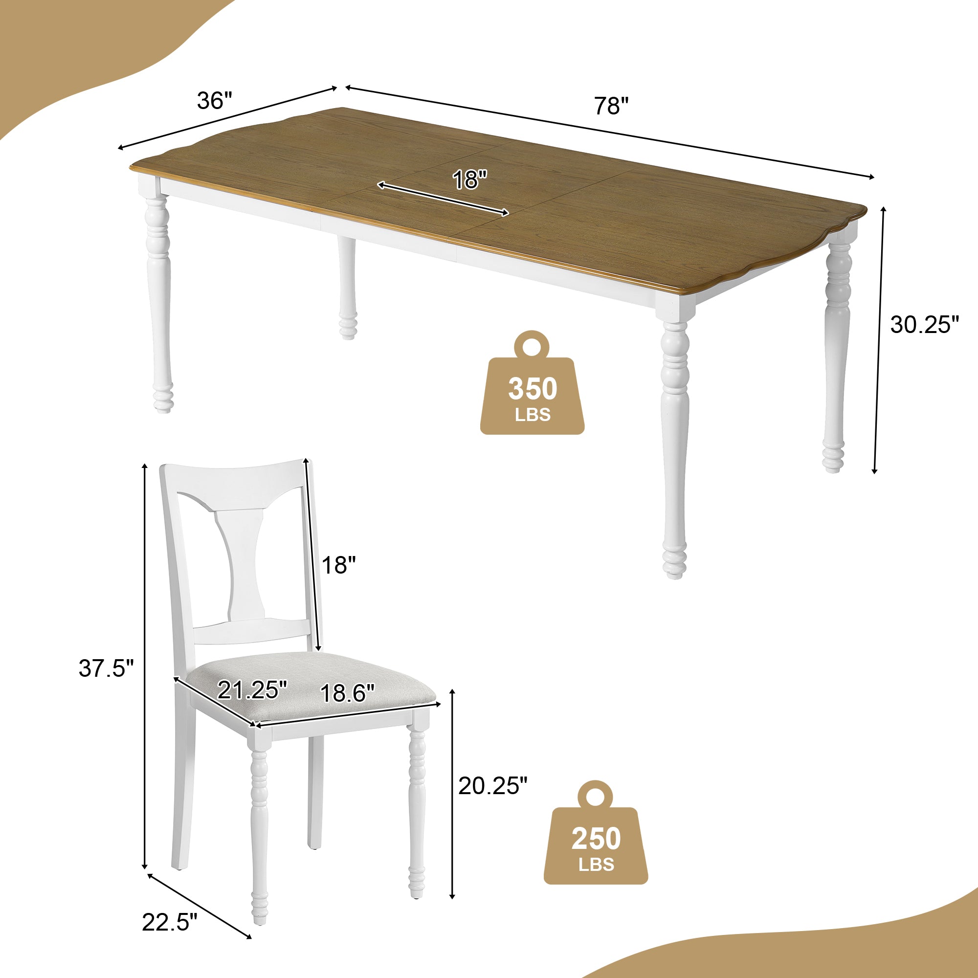 Rustic Farmhouse 7 Piece Dining Set with Turned Leg Extendable Dining Table