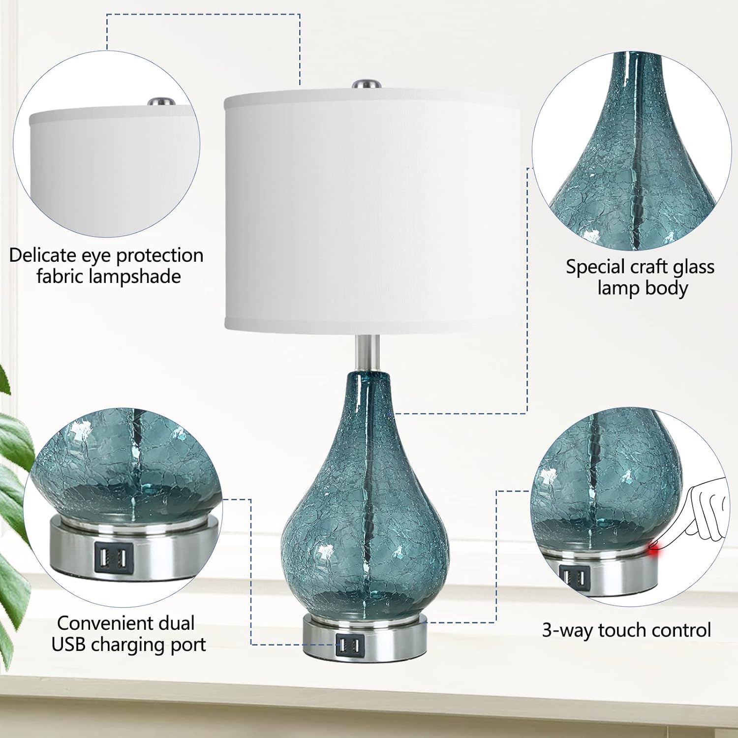 Glass Table Lamp with LED Light and Touch Control, Set of 2