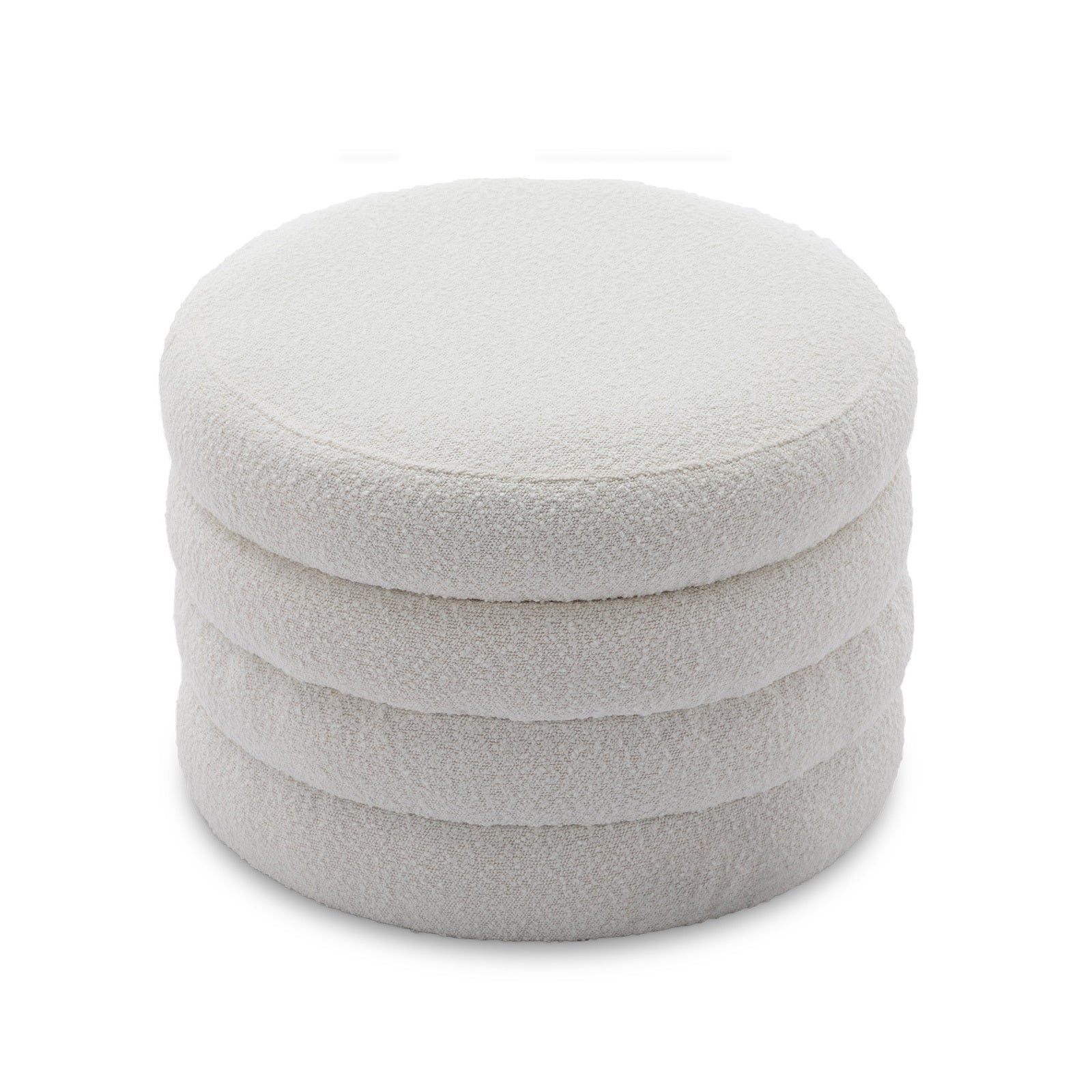 Boucle Storage Round Ottoman Footstool With Wooden Shelving