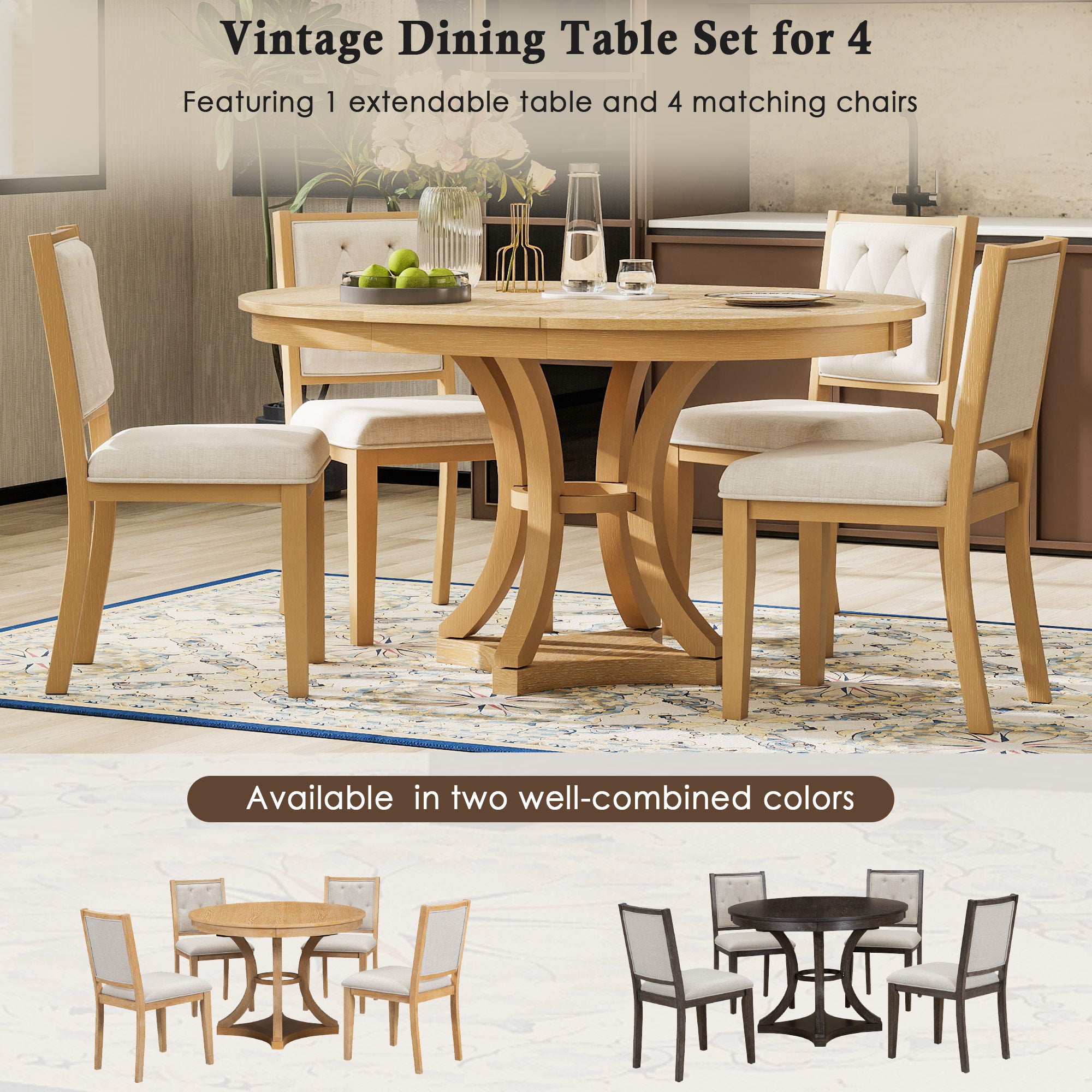 Retro Round Dining Table Set with Extendable Round Table and 4 Upholstered Chairs