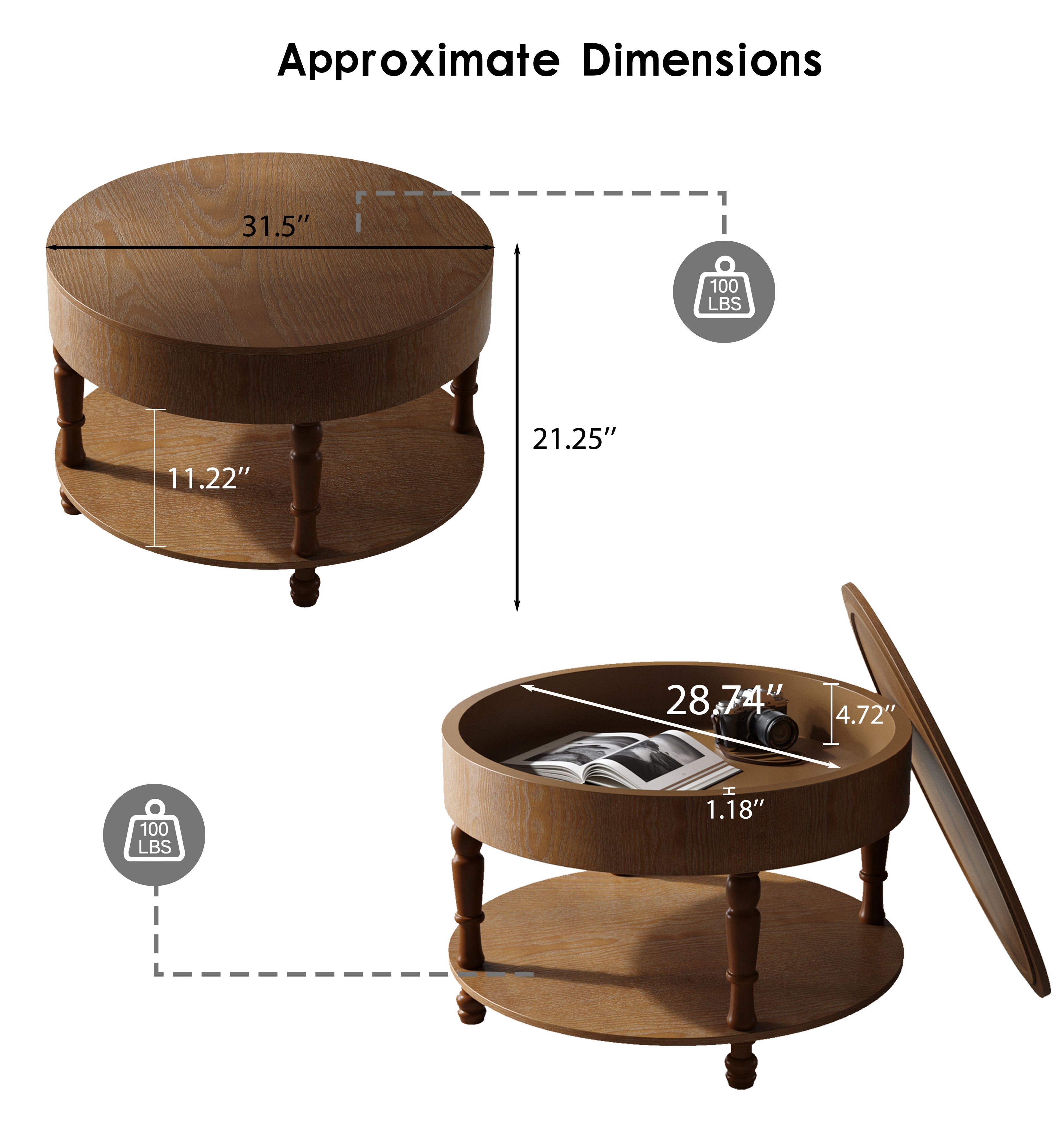 Traditional Round Coffee Table with Storage and Hidden Compartment