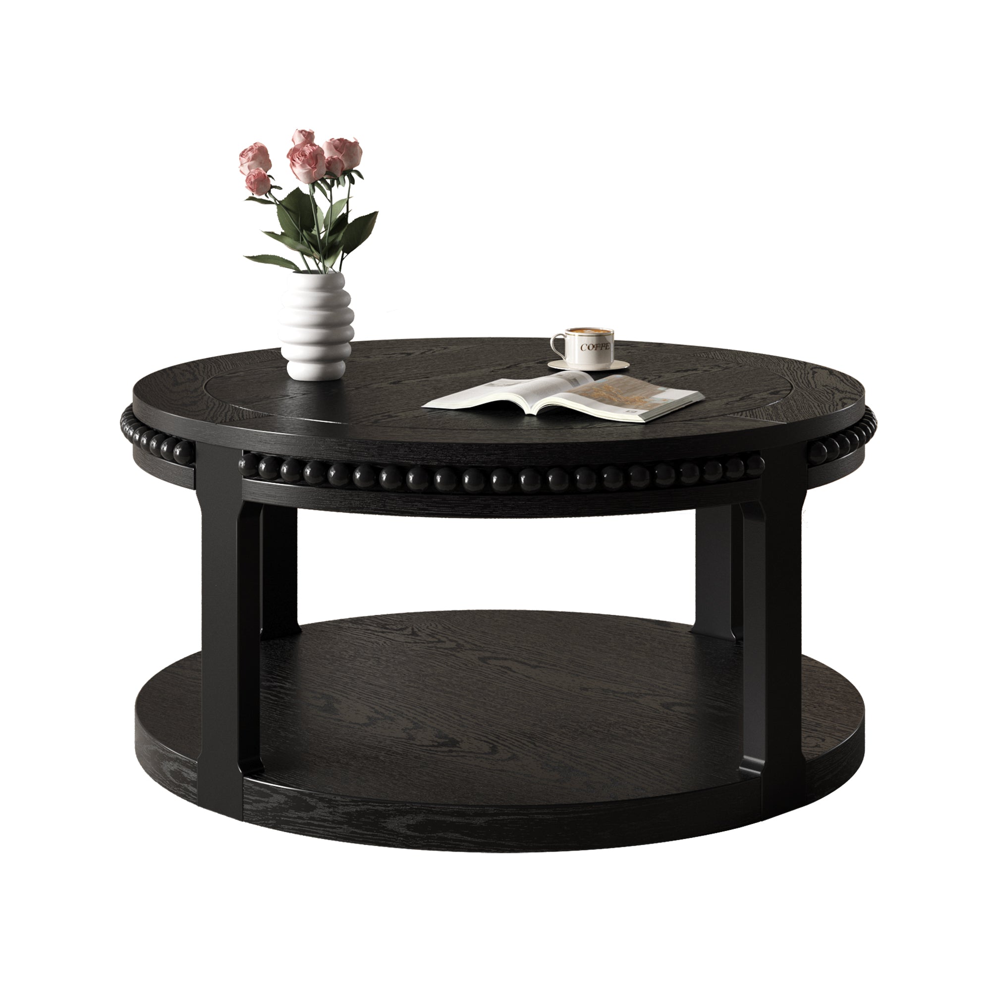 Round Solid Wood Coffee Table with Beaded Accent Edge