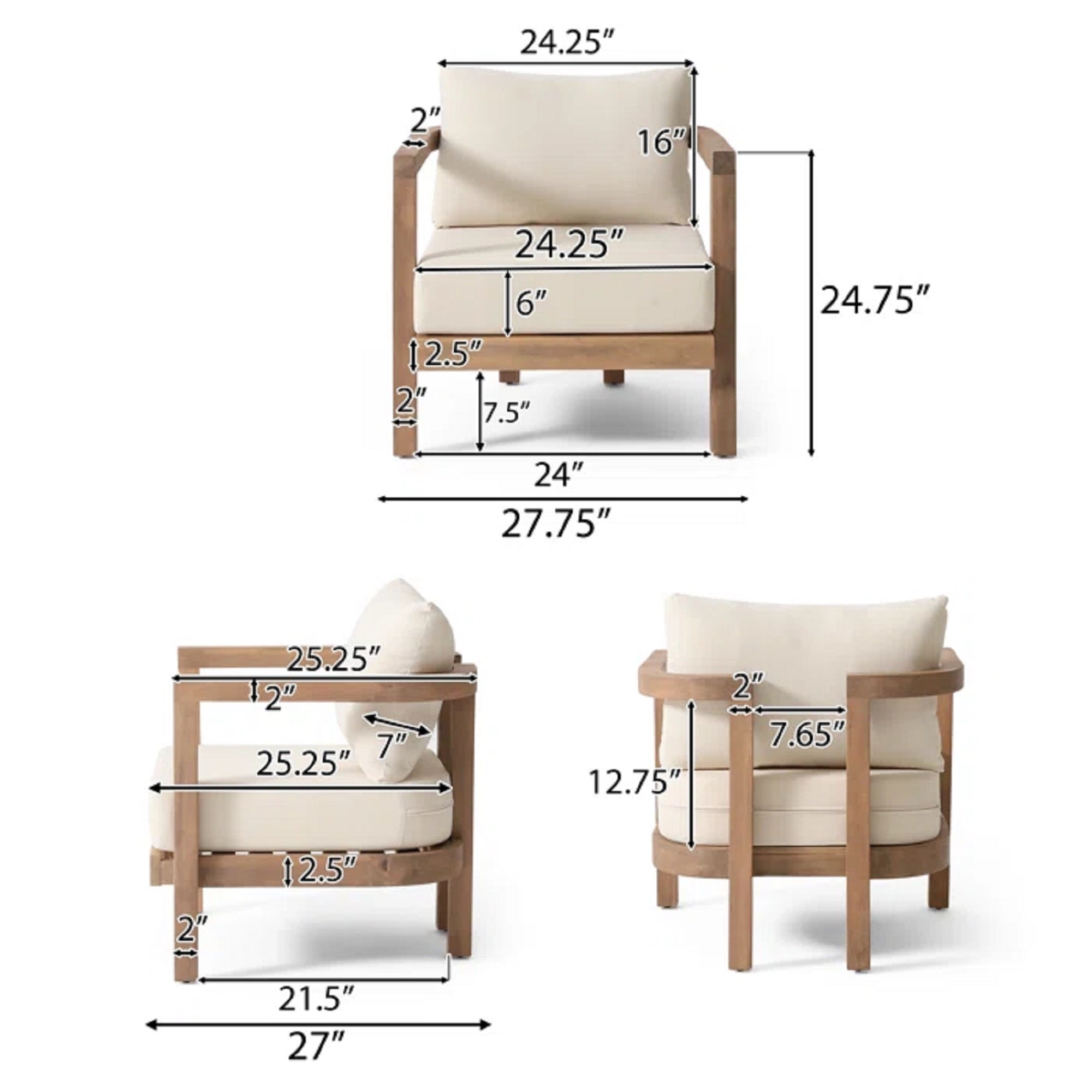 Outdoor Club Chair with Slat Panel Design and Back Cushion
