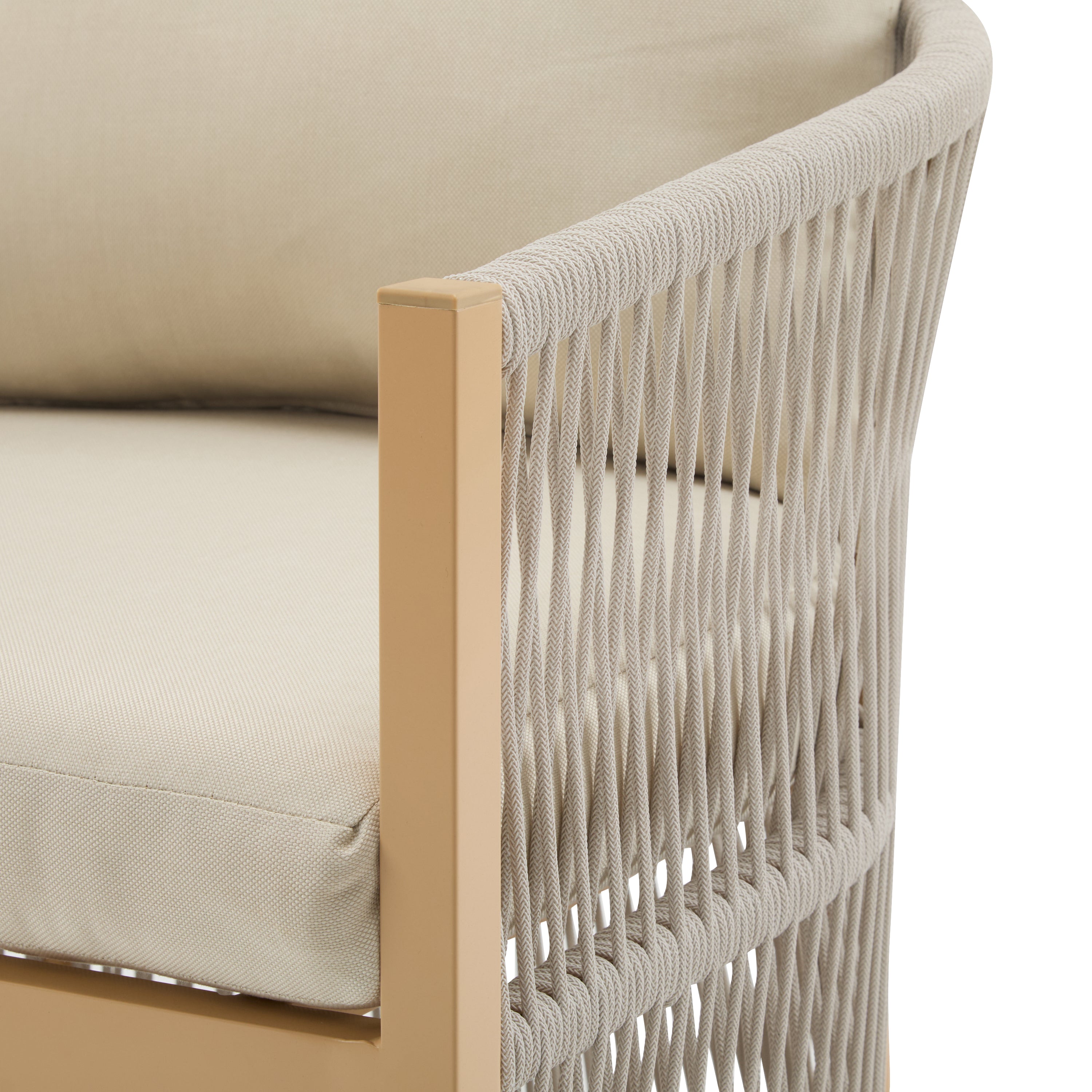 Modern Beige Curved Aluminum Lounge Chair with Stylish Rope-Weave Design and Cushioned Comfort