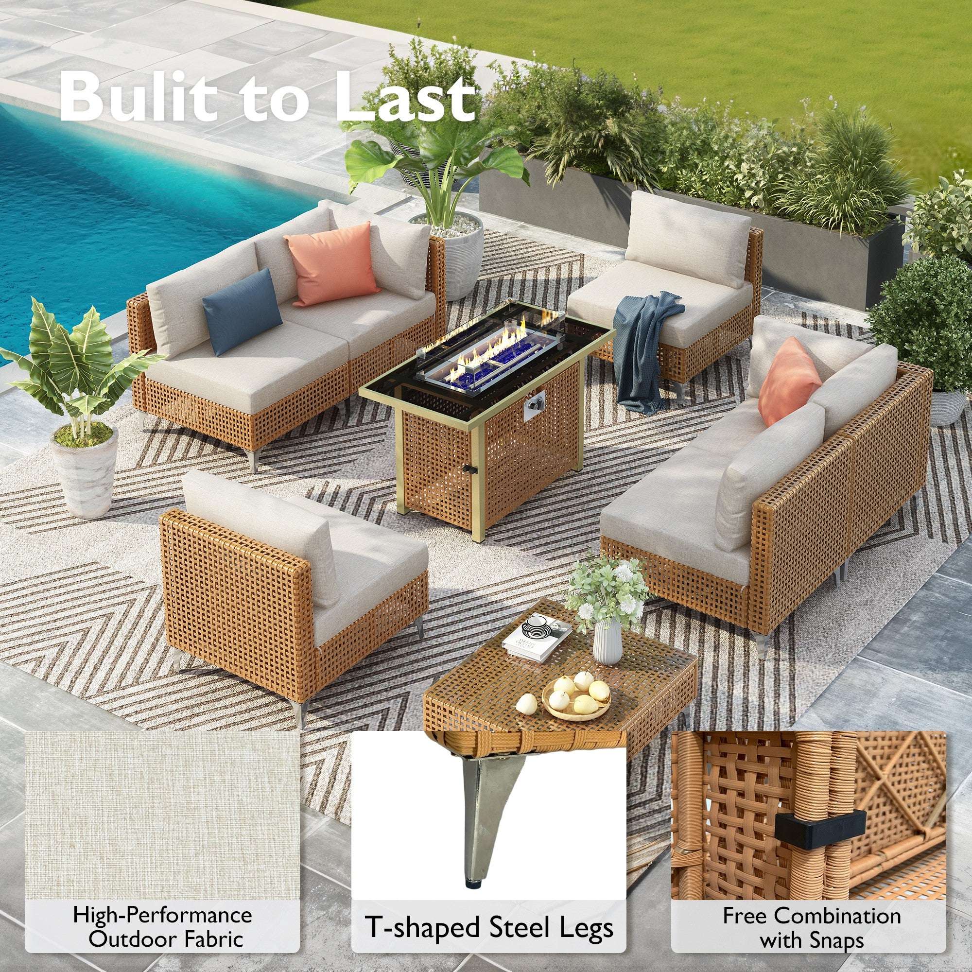 7-Piece Outdoor Wicker Sectional Sofa with Water Resistant Cushions and Coffee Table