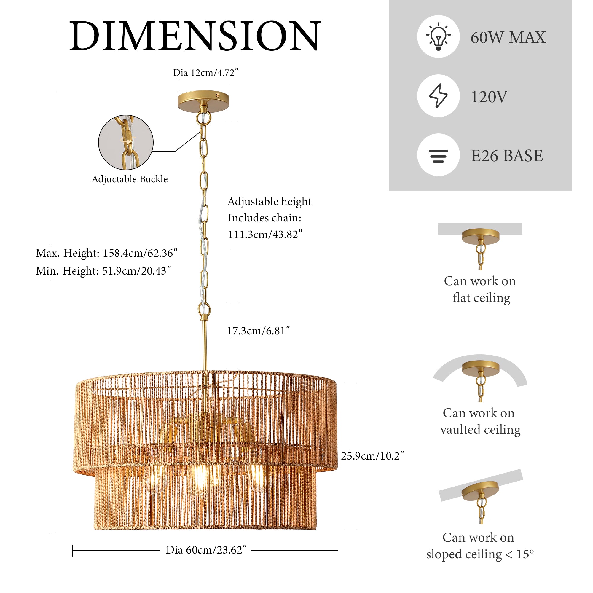Handwoven Rattan Chandelier, 2-Tier Boho Wabi-Sabi Pendant Light