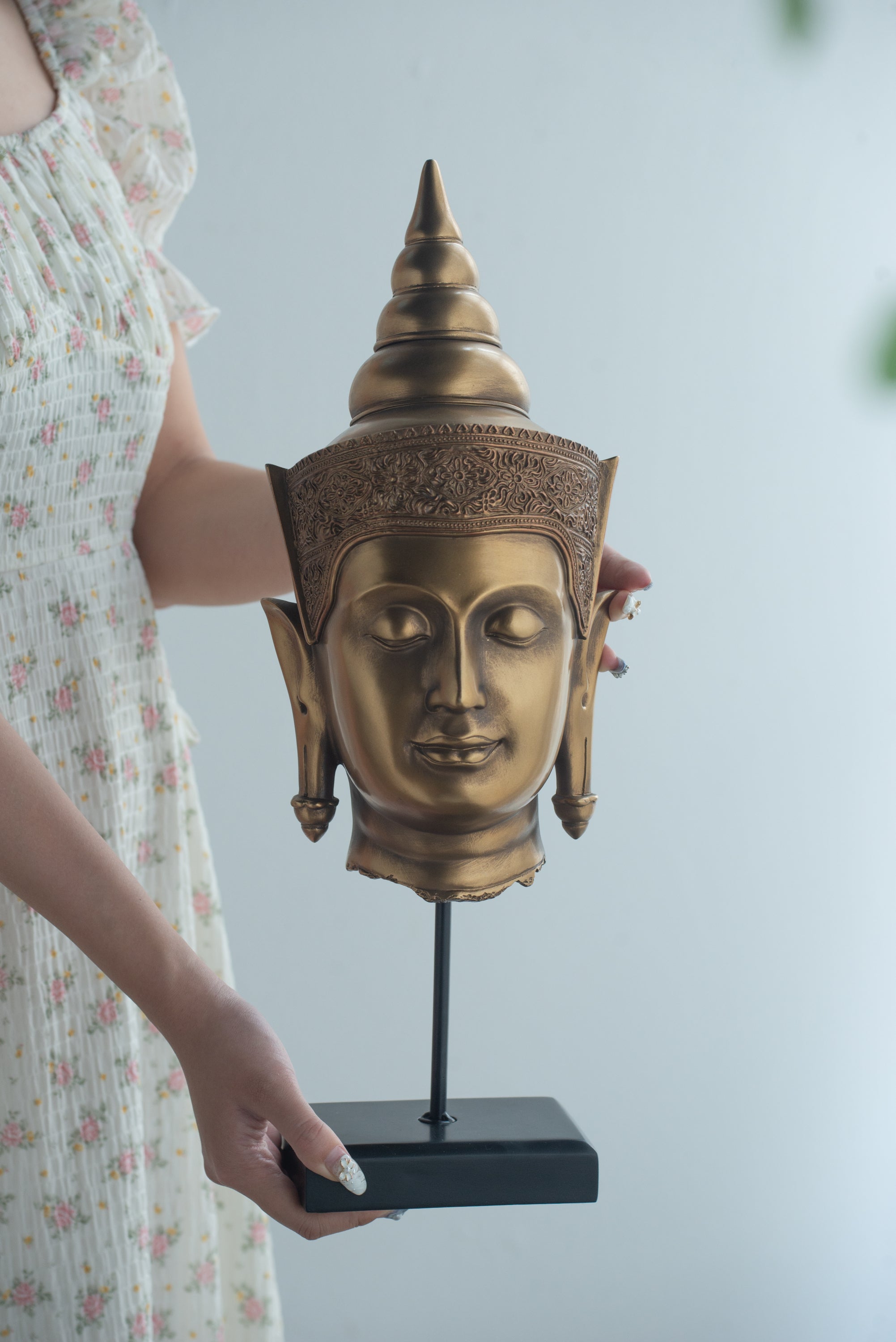 Bronze Buddha Statue Head On Stand