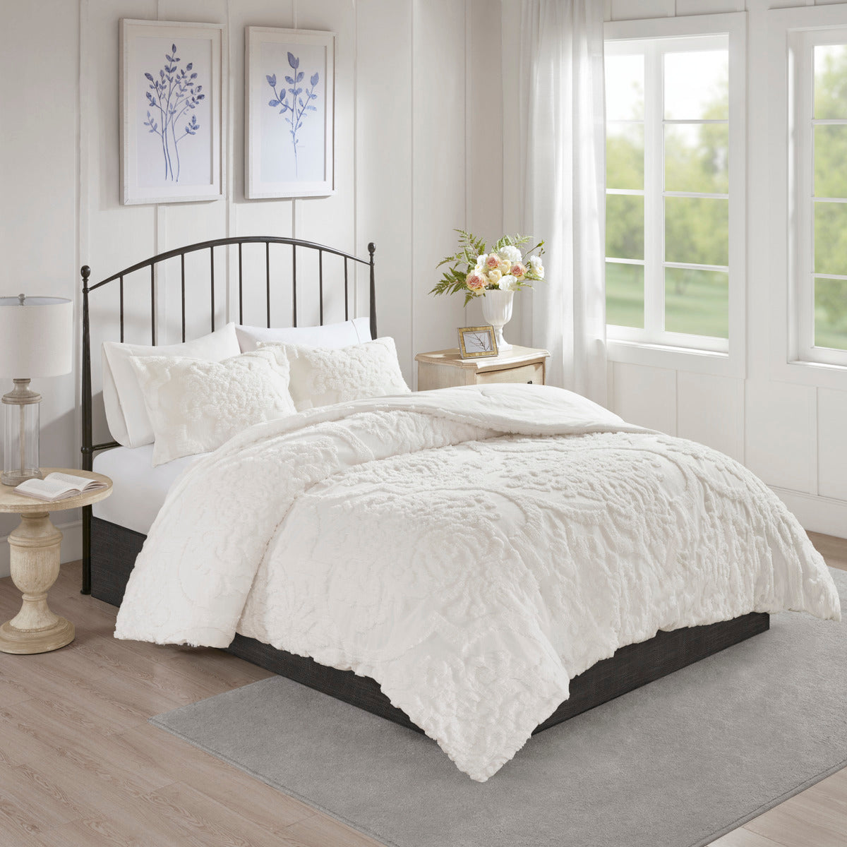 Viola 3-Piece Tufted Cotton Chenille Damask Comforter Set