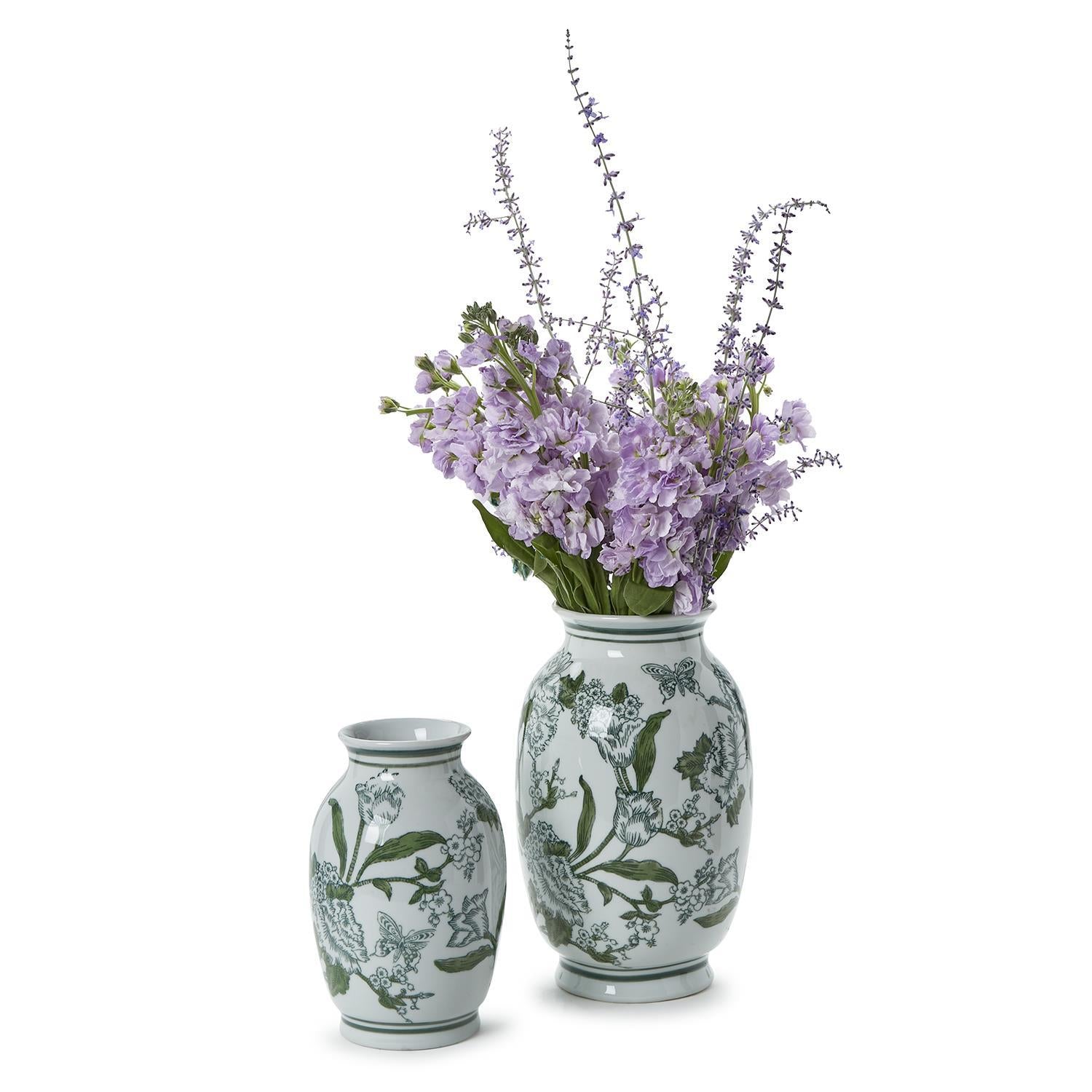 Primrose and Lotus Green and White Chinoiserie Vases, Set of 2
