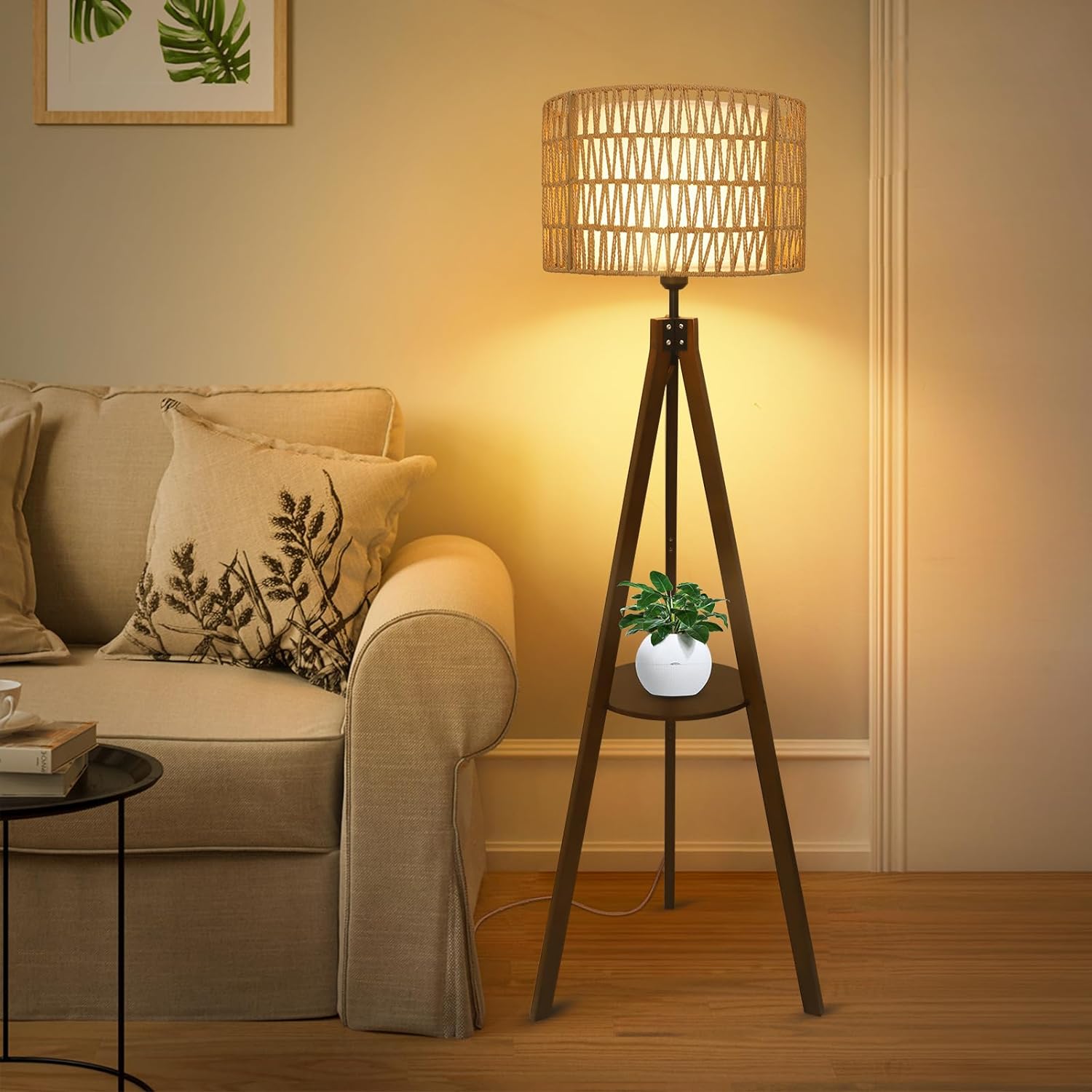Tripod Floor Lamp with Shelf and Rattan Shades
