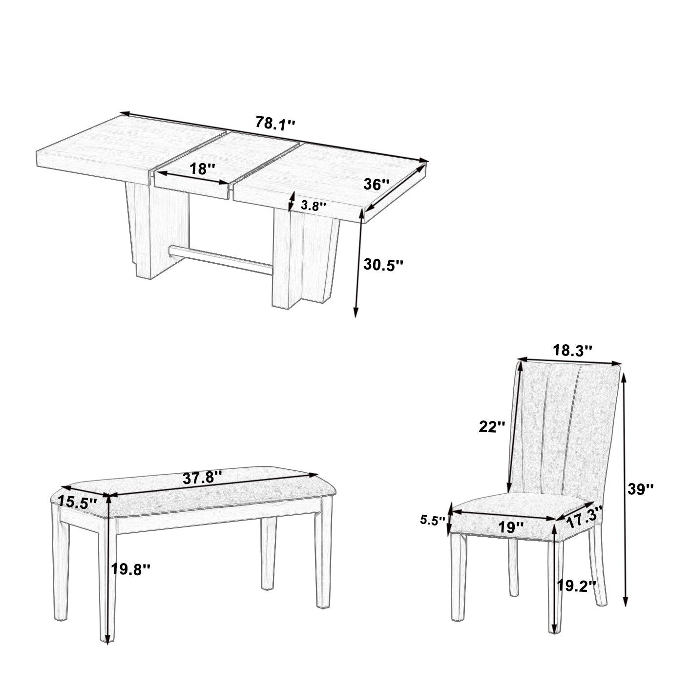 Meadowlark Farmhouse Extendable Wood Dining Table with 4 Upholstered Chairs & Bench