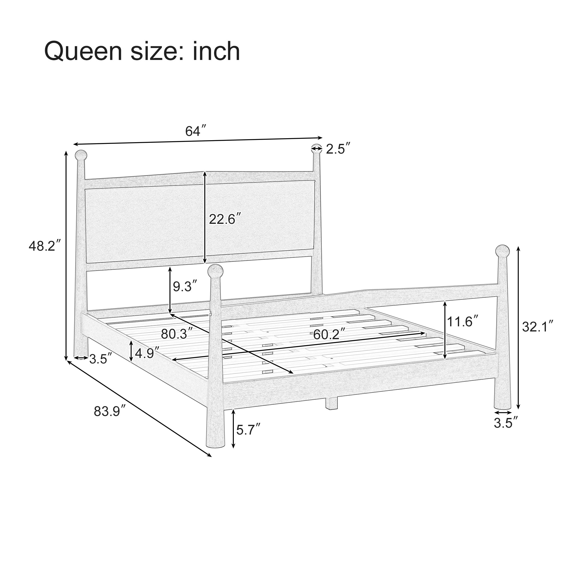 Mid-Century Modern Wood Platform Bed with Upholstered Headboard