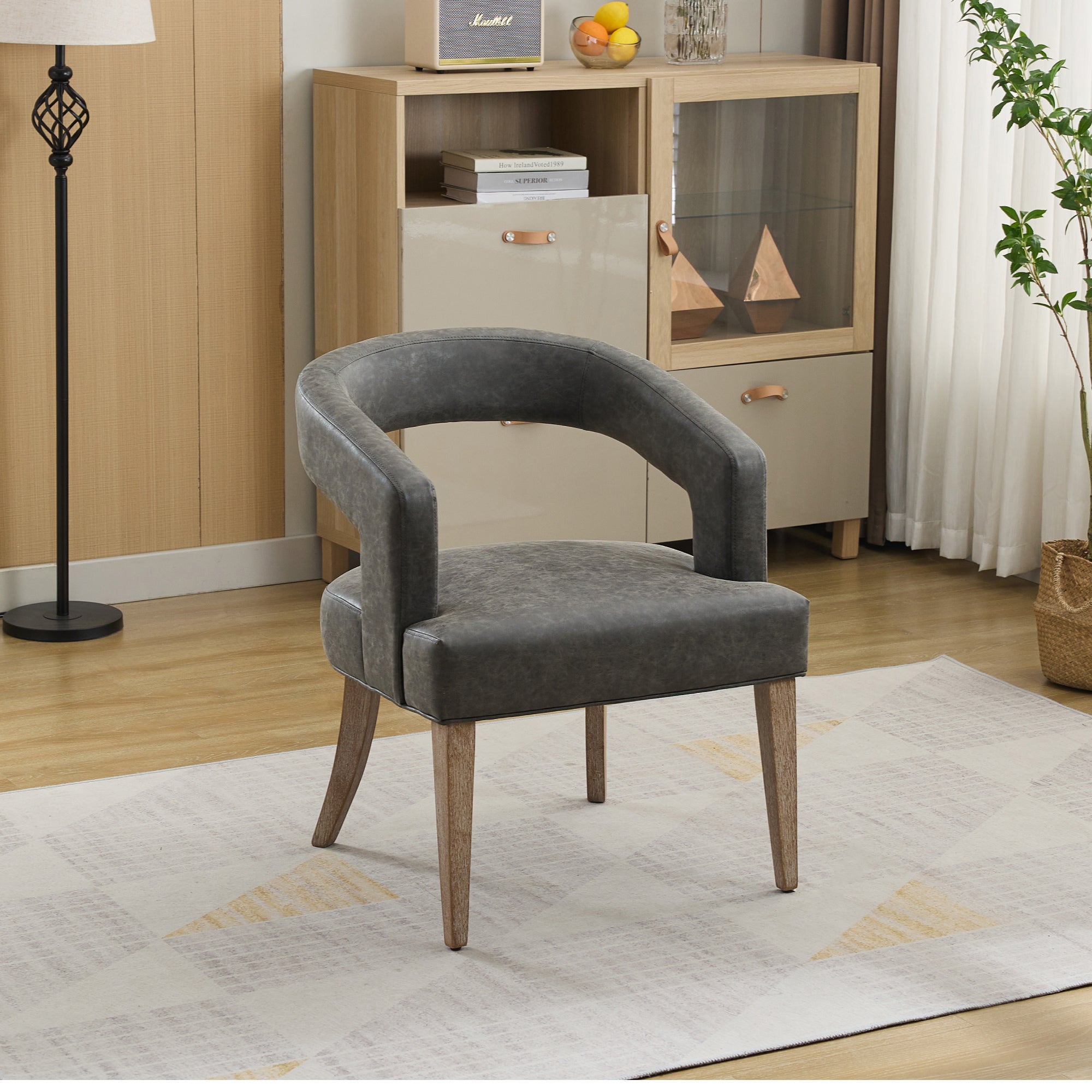 Open-Back Barrel Accent Chair with Velvet Upholstery and Weathered Solid Wood Legs