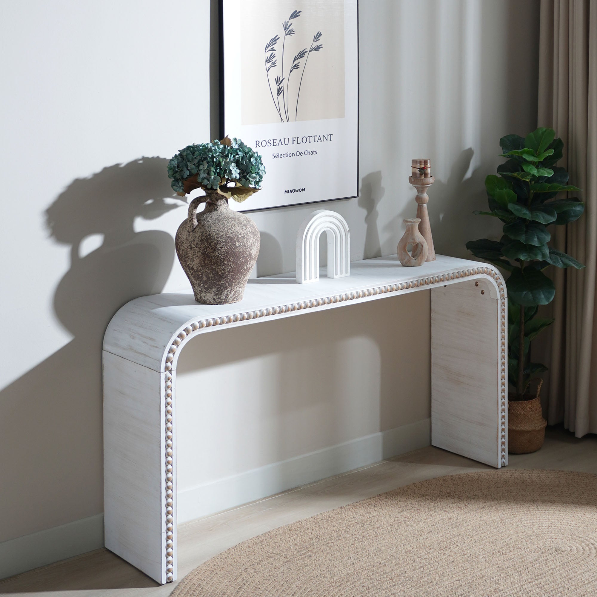 Curved Waterfall-Style Wood Beaded Console Table
