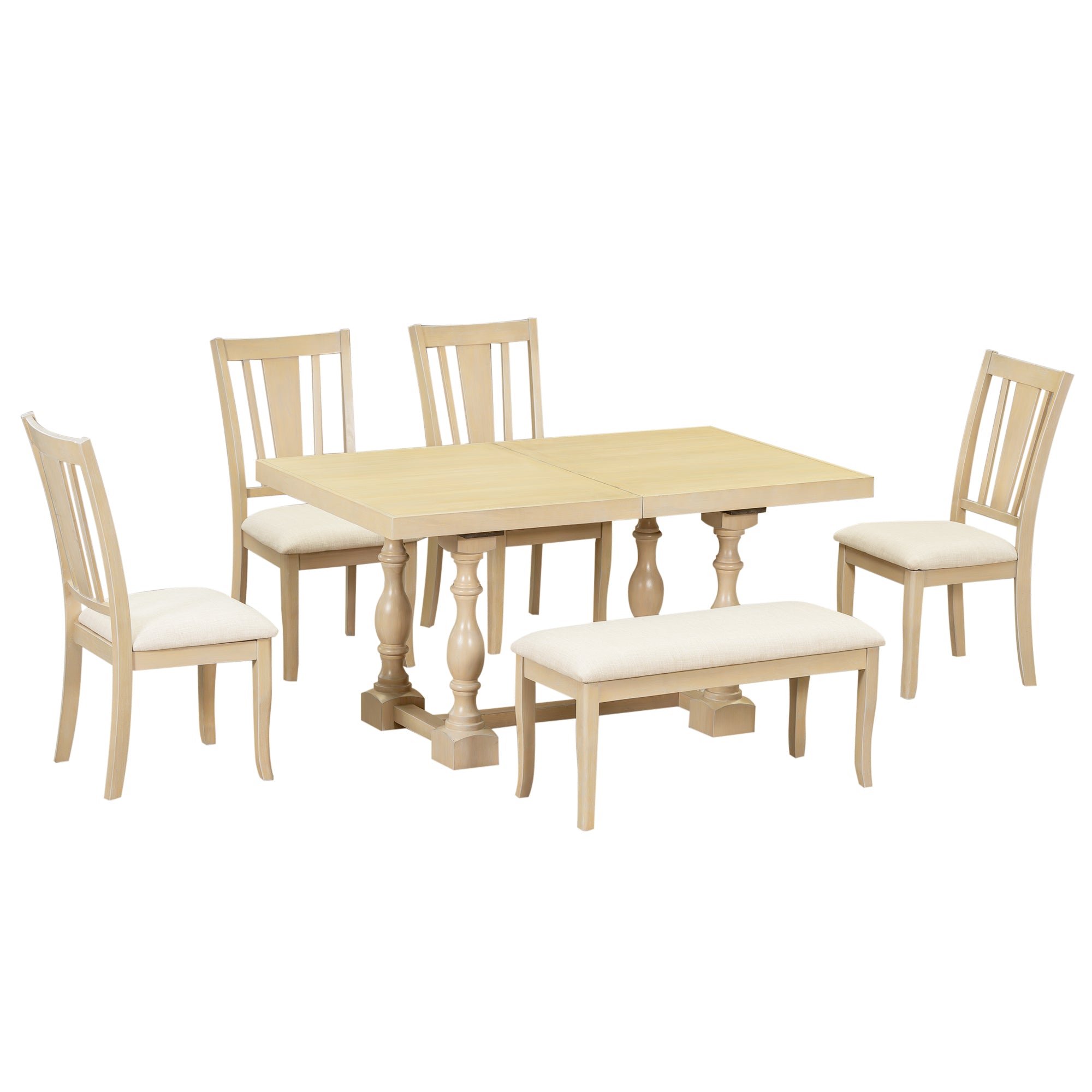 6-Piece Dining Set with Removable Leaf Table and Padded Dining Bench and 4 Chairs