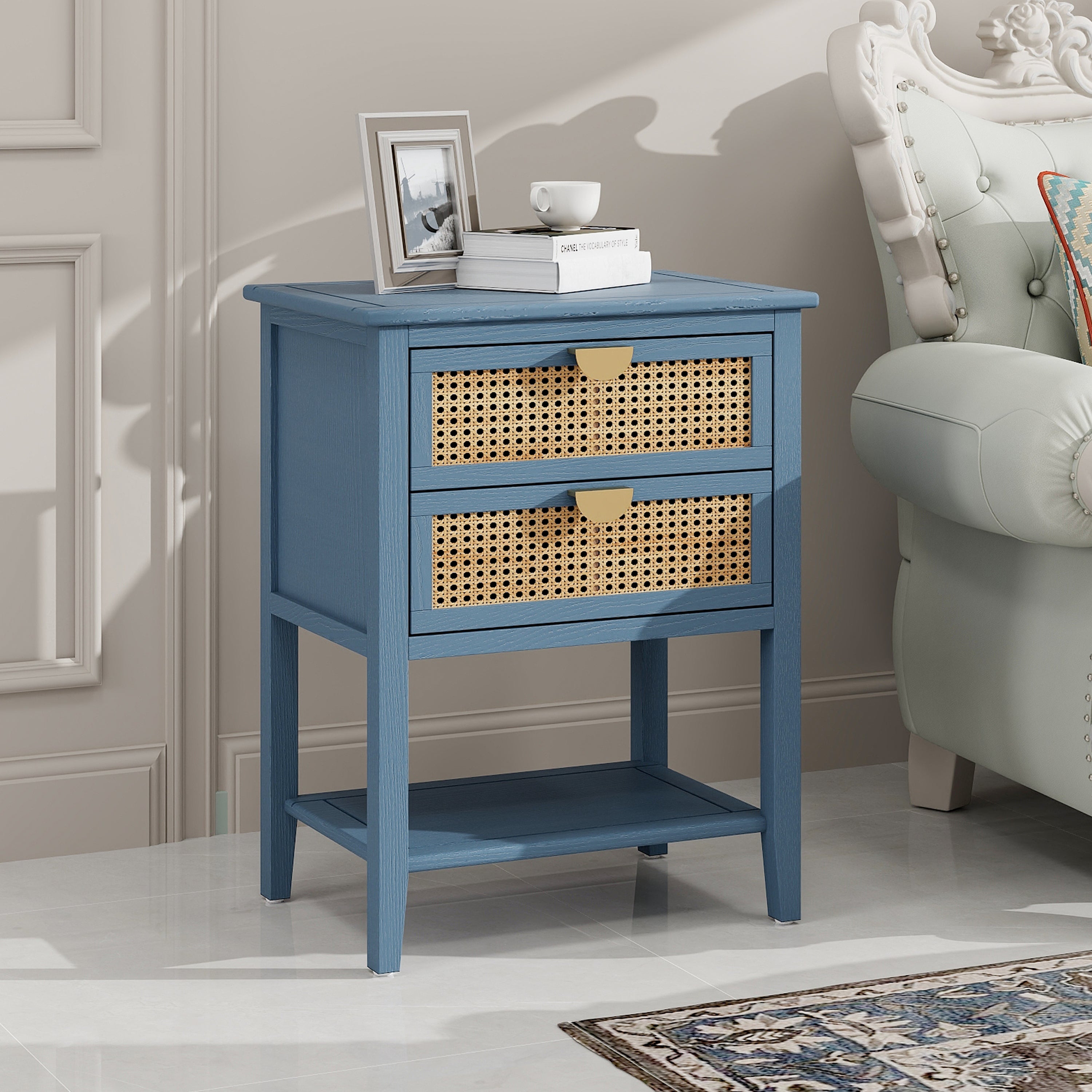 Side Table with 2 Rattan Drawers and Shelf