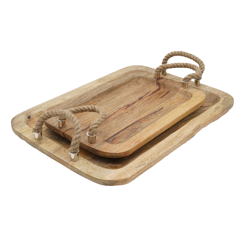 Tabari Wood Trays with Jute Handle, Set of 2
