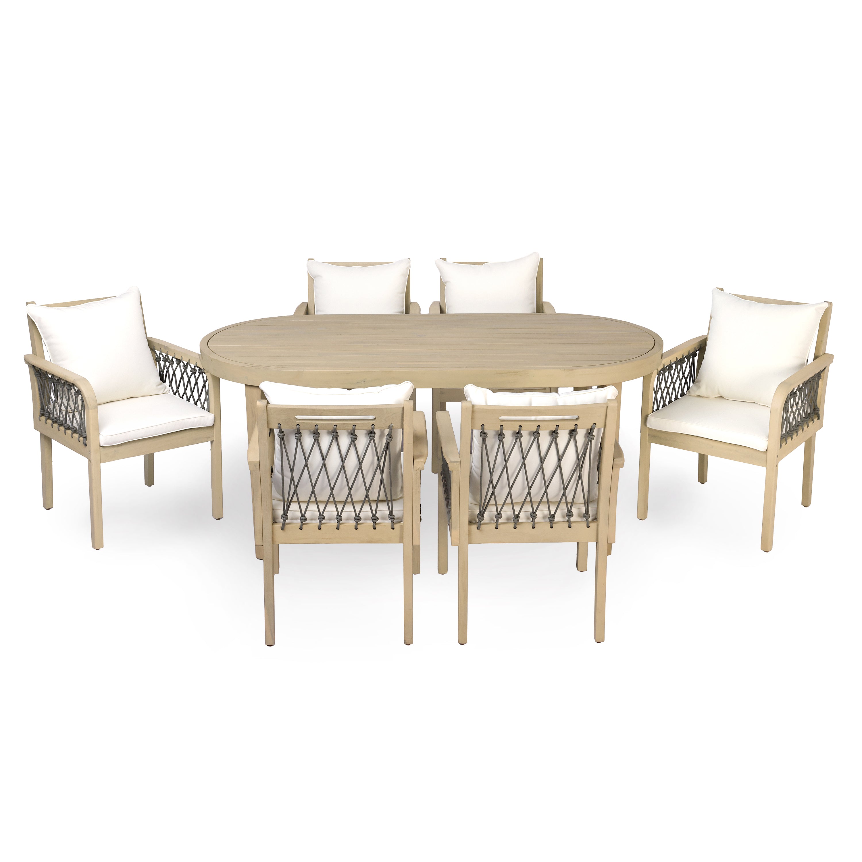 7-Piece Outdoor Acacia Wood Dining Set with Rope-Woven Armchairs, Weather-Resistant Patio Table & Chairs with Cushions,Light teak+Dark grey rope+Cream Beige cushion