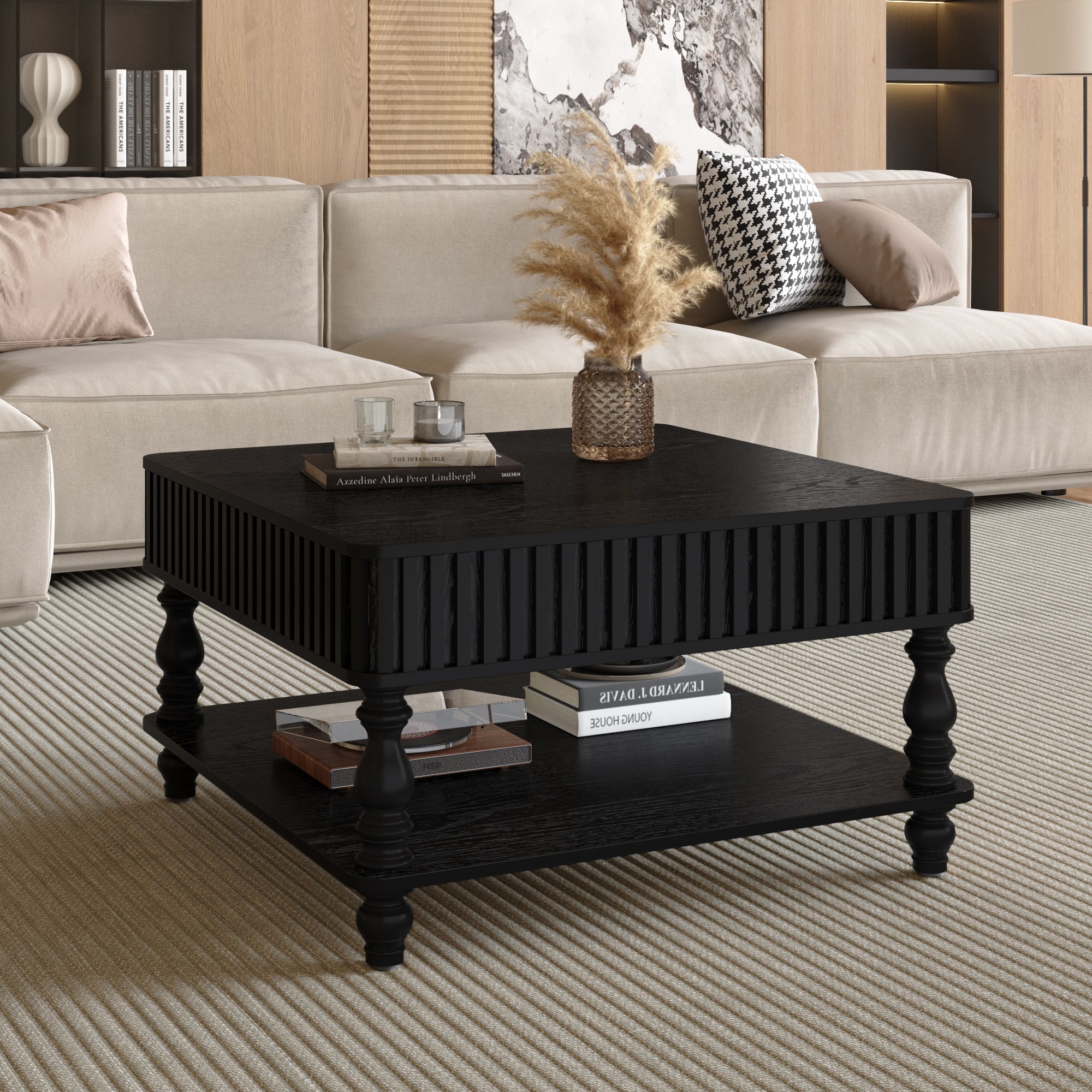 Square Fluted Lift-Top Coffee Table with Hidden & Open Storage