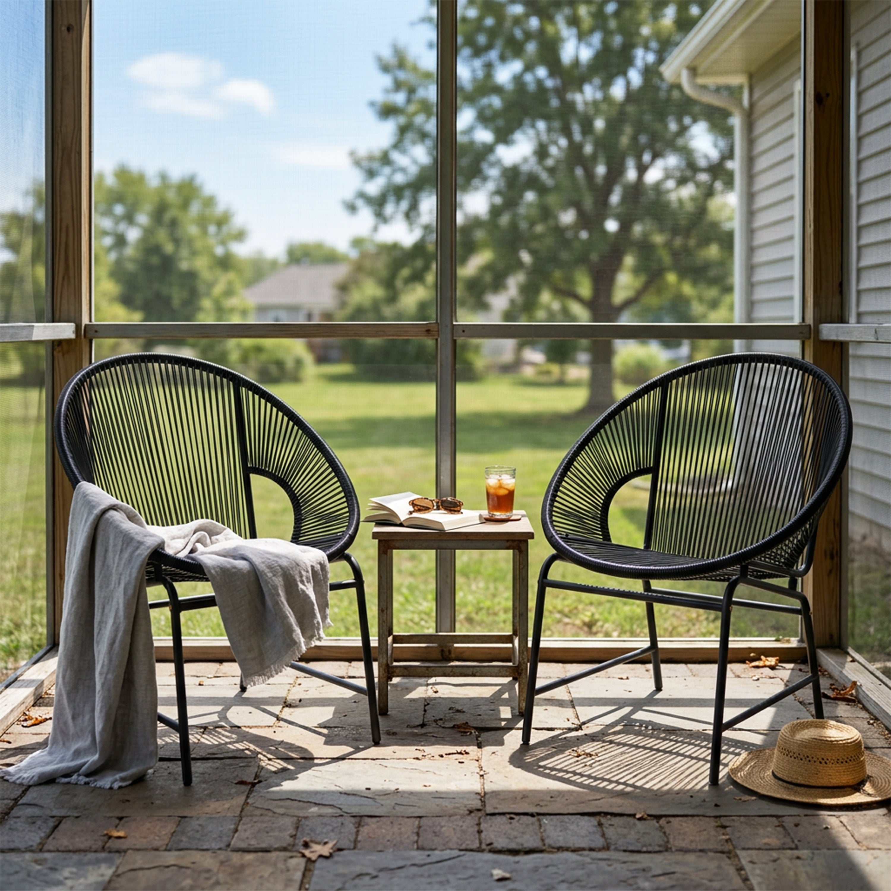 NUSA OUTDOOR PATIO WICKER CHAIR, TEAL PE RATTAN & IRON FRAME, SET OF 2
