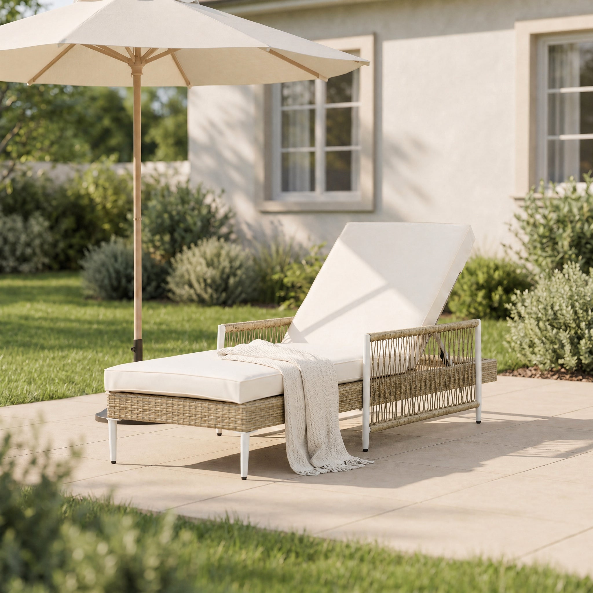 Outdoor All-Weather PE Rattan Chaise Lounge with 6 Gear Adjustable Recliner, Arms and Cushion