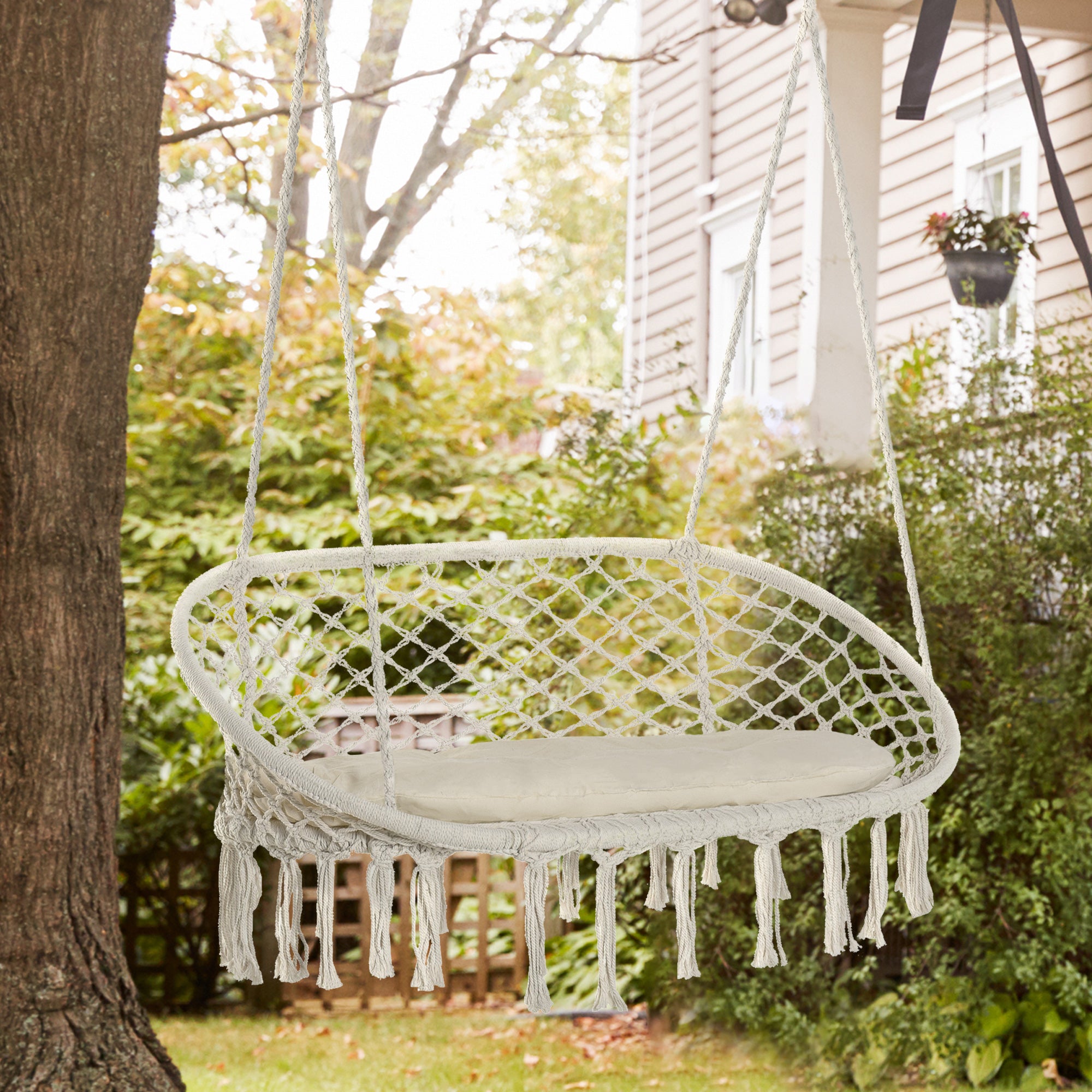 Visioned Outdoor Hanging Hammock Swing Chair with Macrame Design and Soft Cushion