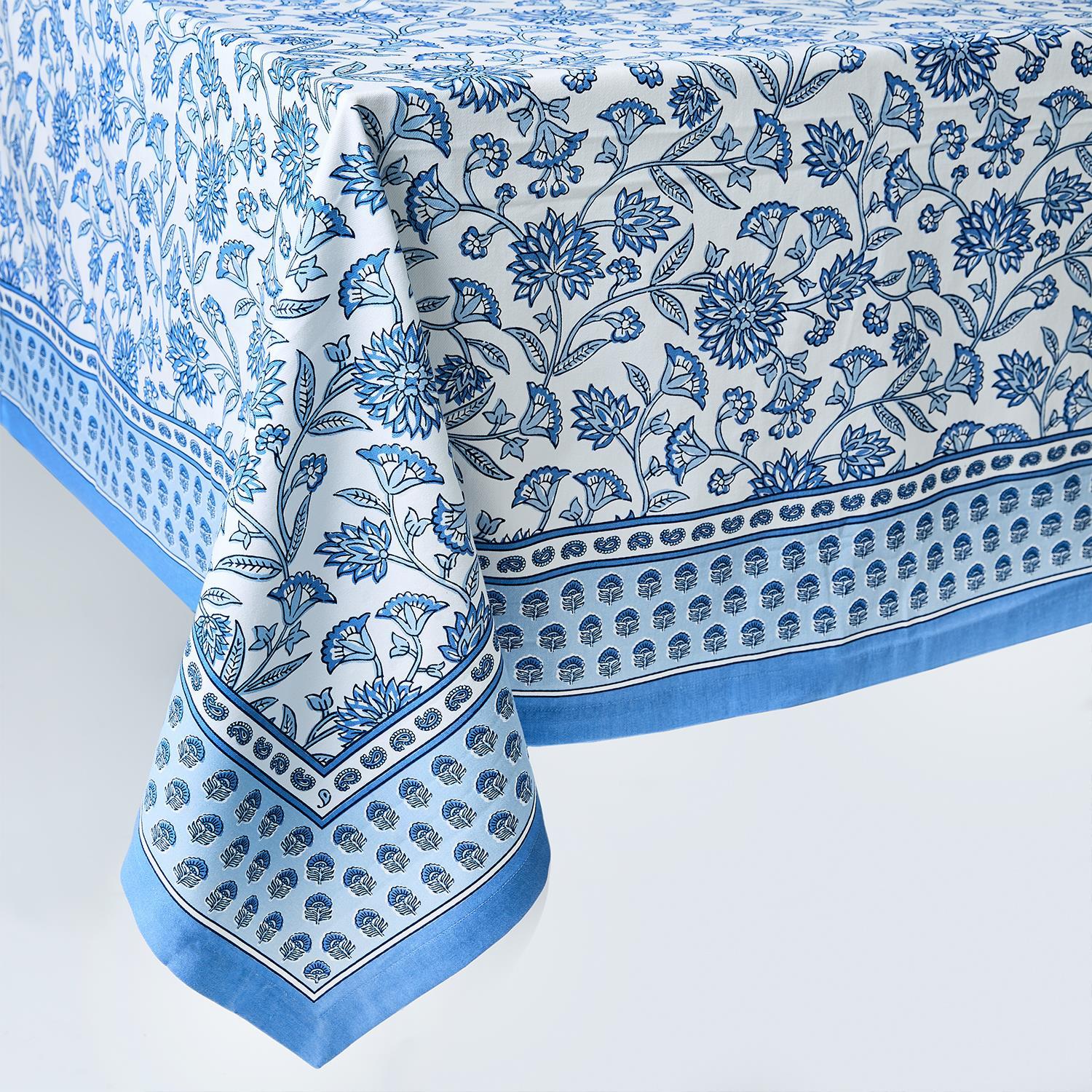 Chinoiserie Blue Block Print Design Tablecloths Incl 2 Sizes, Set of 2