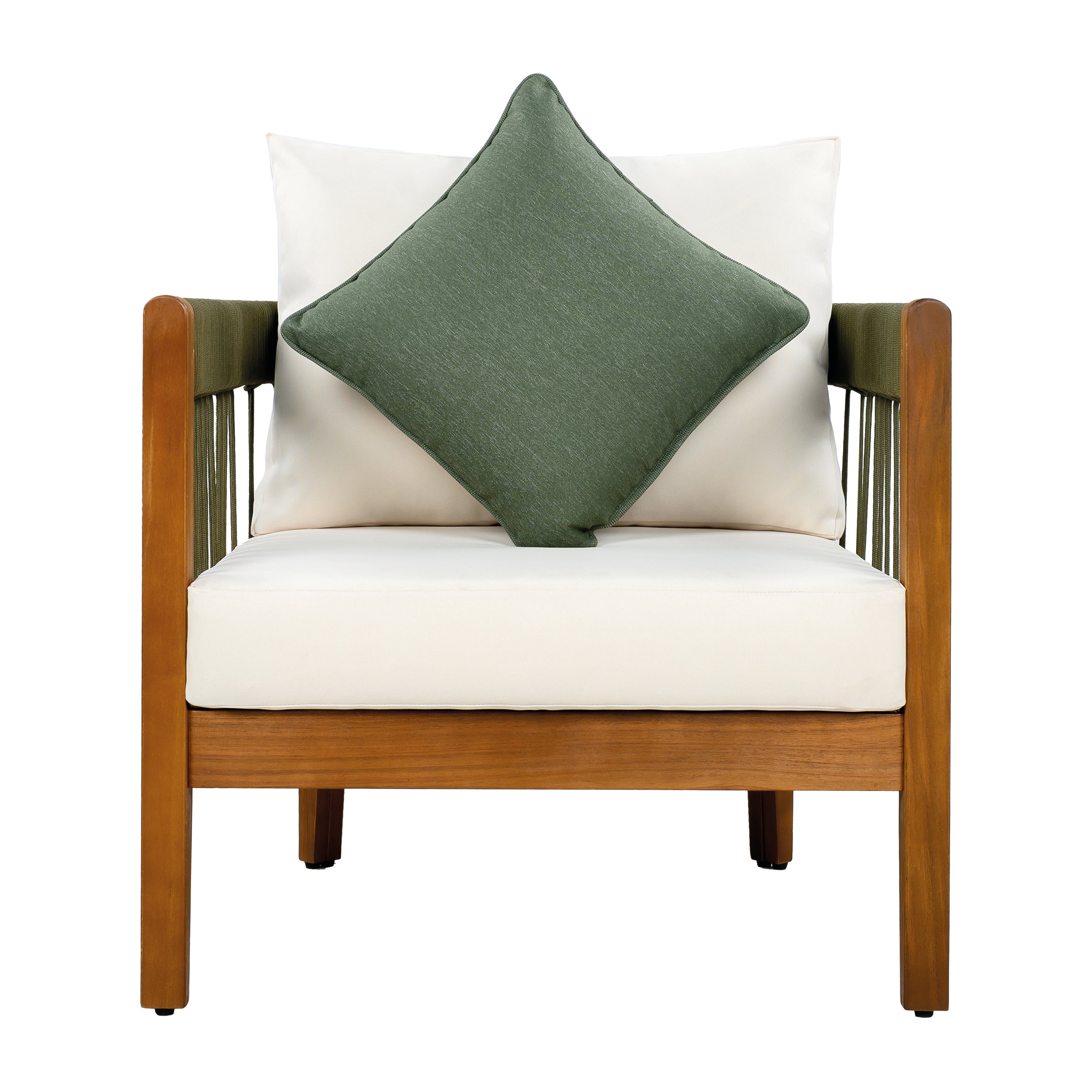 Azari Outdoor Acacia Wood Club Chair with Handwoven Rope Accents & Curved Backrest