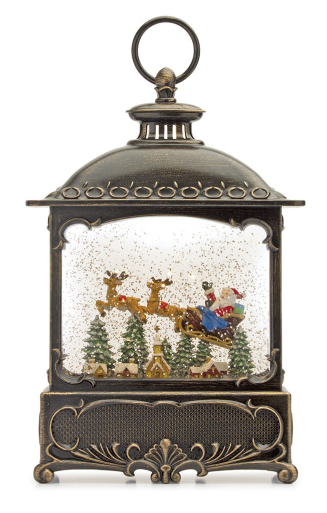 Led Snow Globe Lantern with Santa and Sleigh Scene 12"
