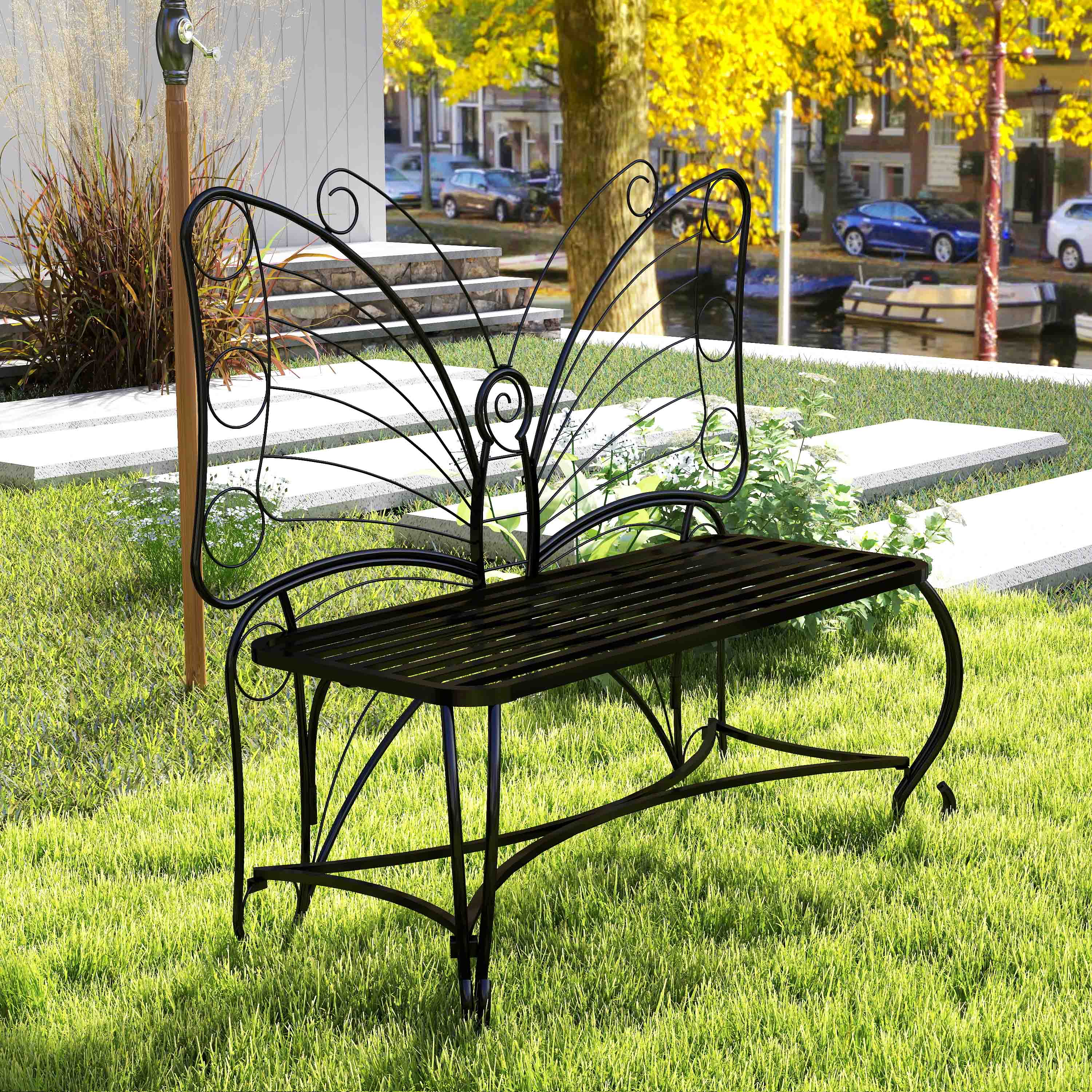 Monazite Outdoor Bench with Butterfly Back Design and Metal Frame