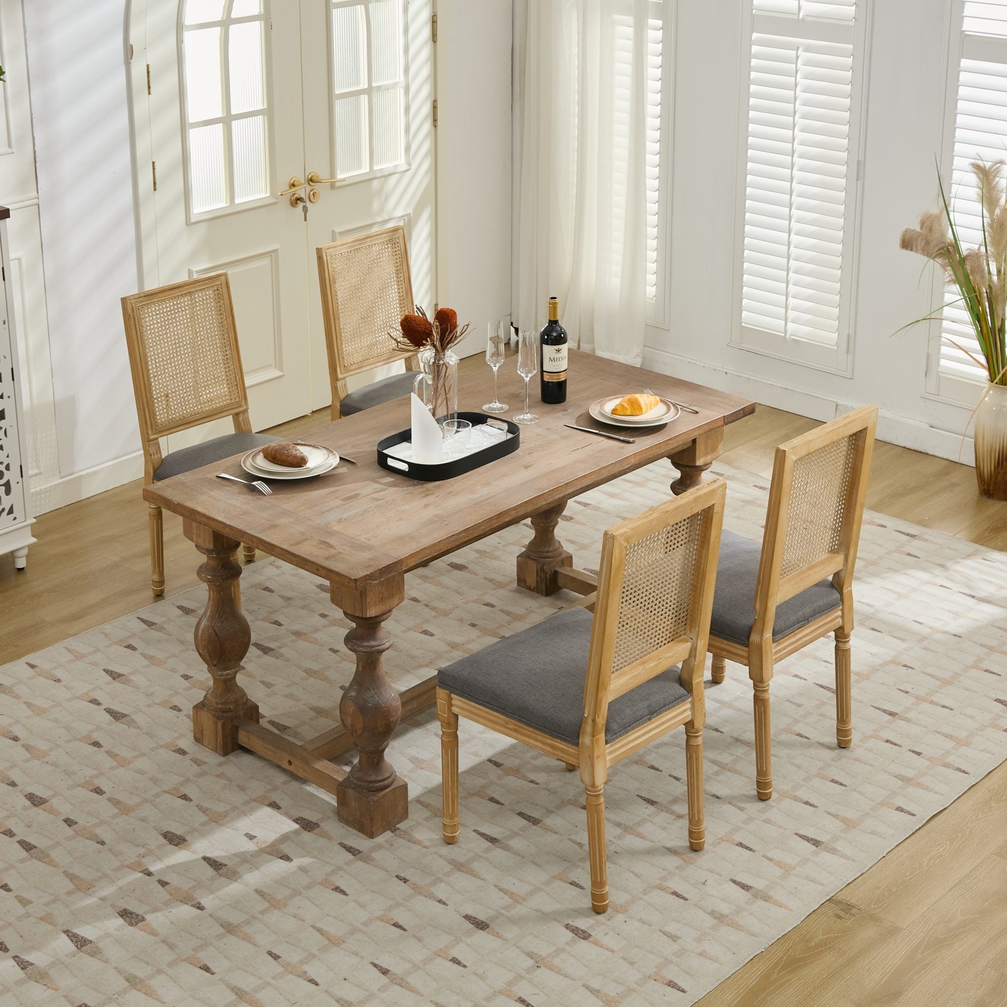 Louis French Country Dining Chairs with Square Rattan Backrest, Set of 2