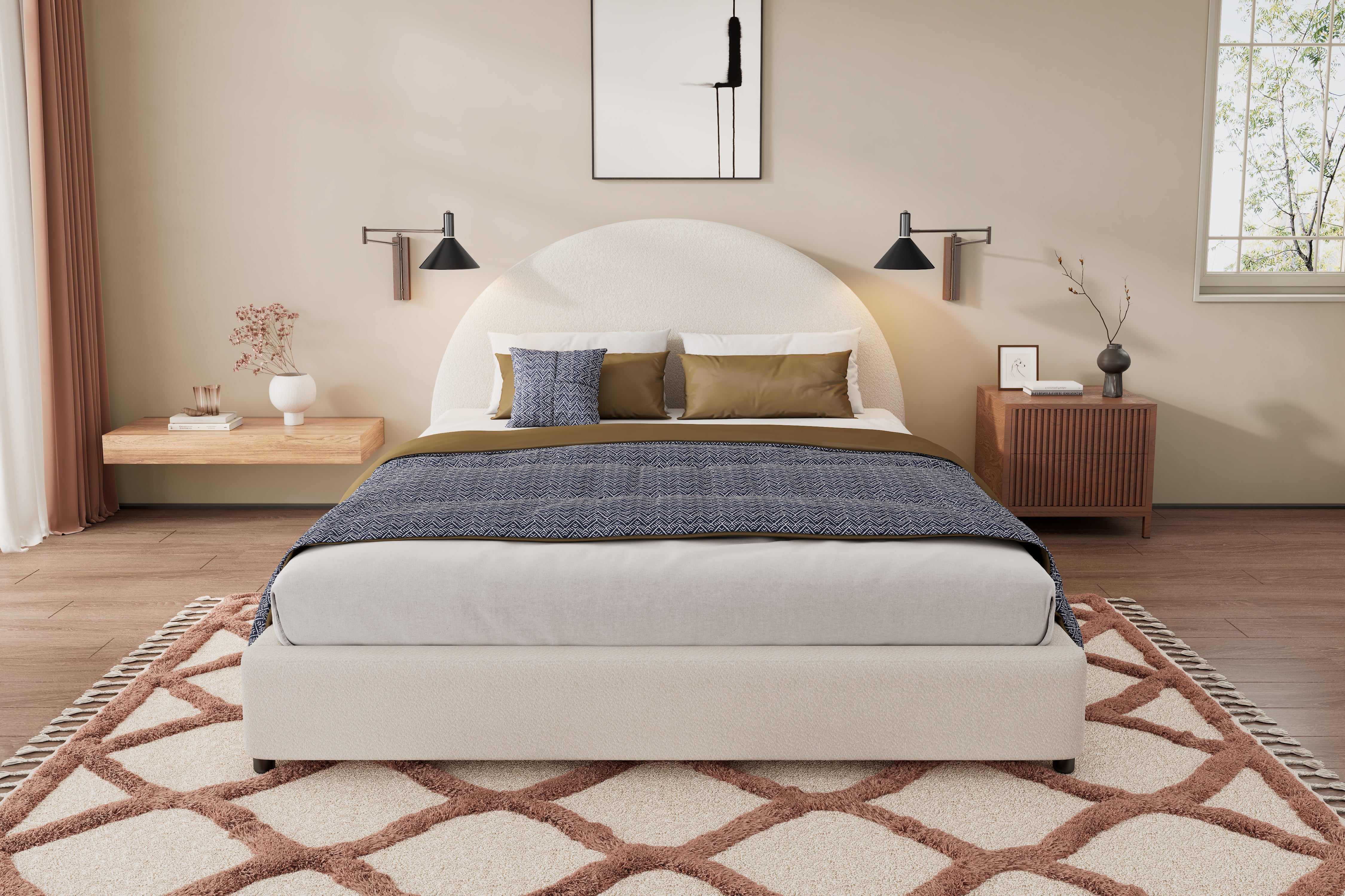 Bed Frame With Boucle Upholstered Round Curved Headboard