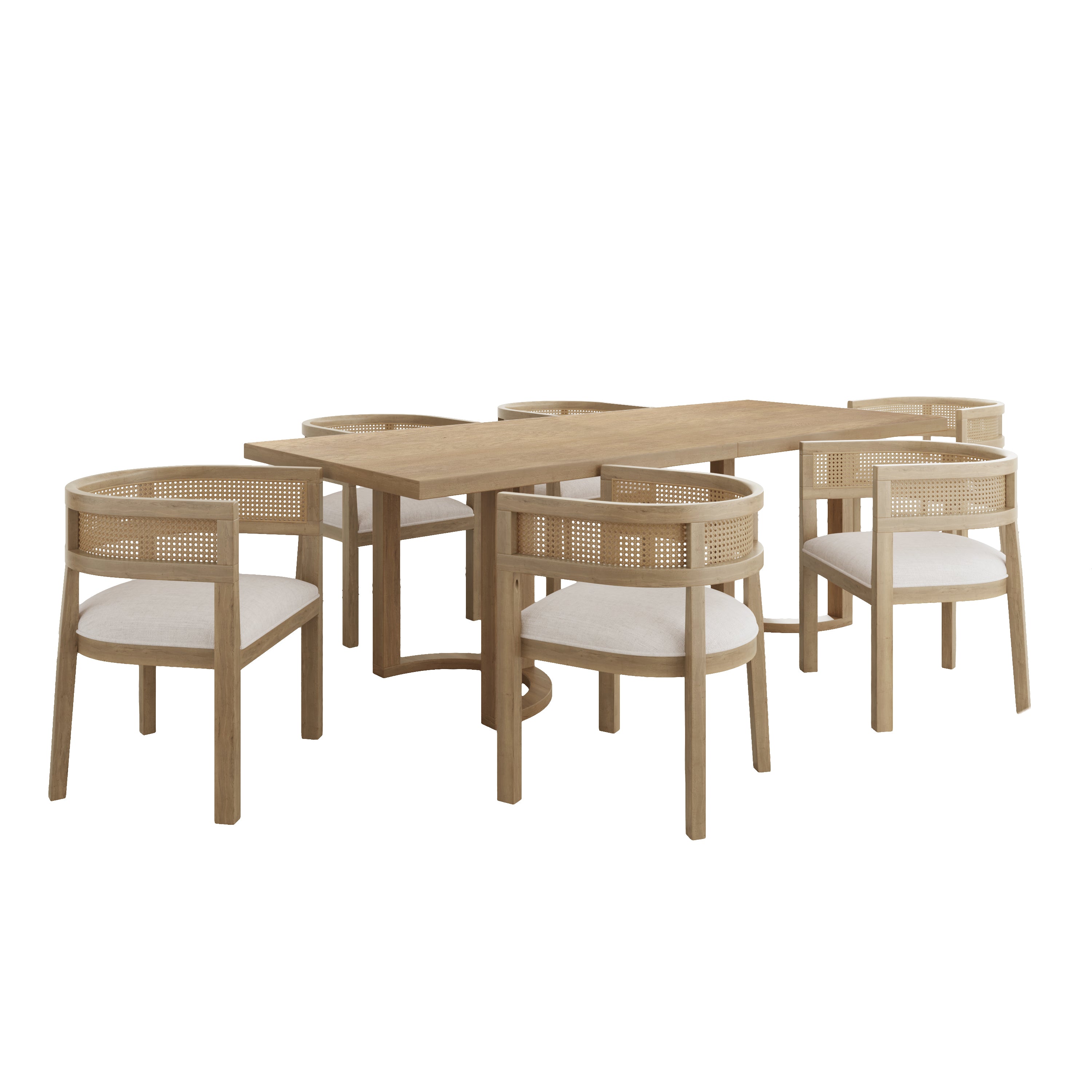 Asbury 7-Piece Mid-Century Modern Wood Upholstered Dining Set with Rattan U-Back Chairs