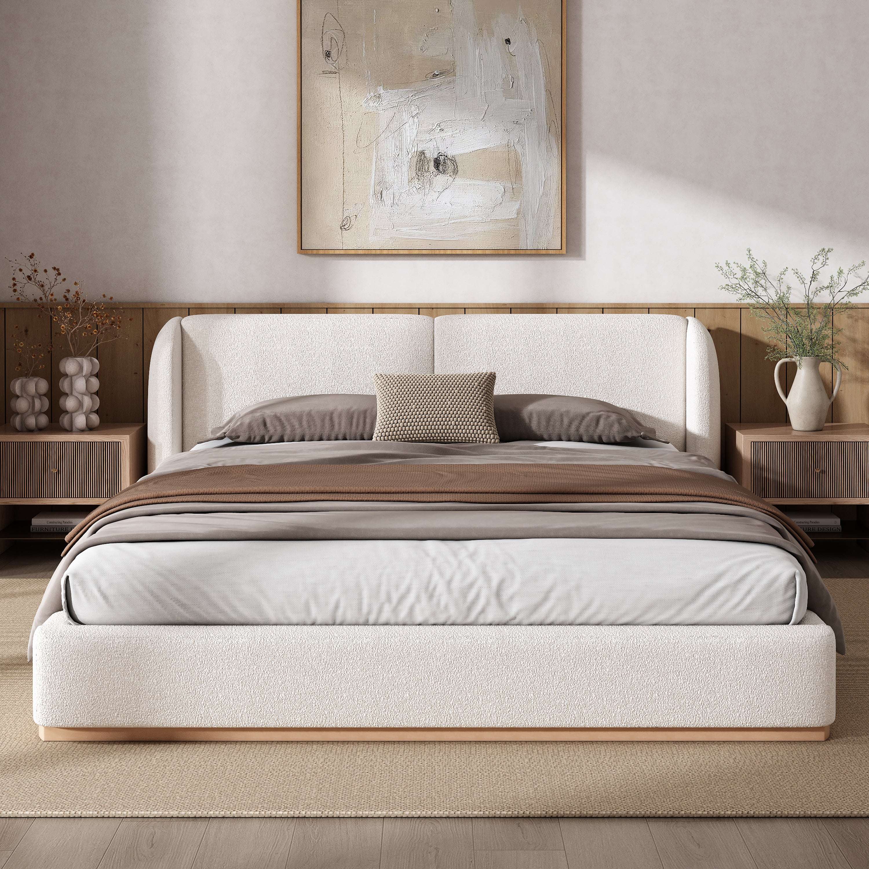 Bed Frame with Boucle Upholstered Wingback Headboard