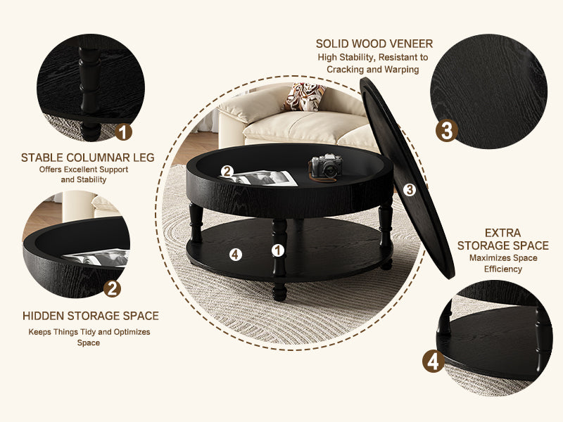 Traditional Round Coffee Table with Storage and Hidden Compartment