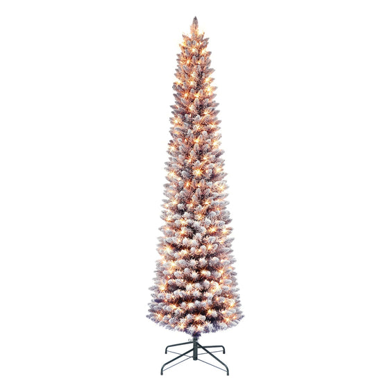 7.5 ft Pre-lit Flocked Fashion Purple Pencil Artificial Christmas Tree with Clear Lights & Metal Stand