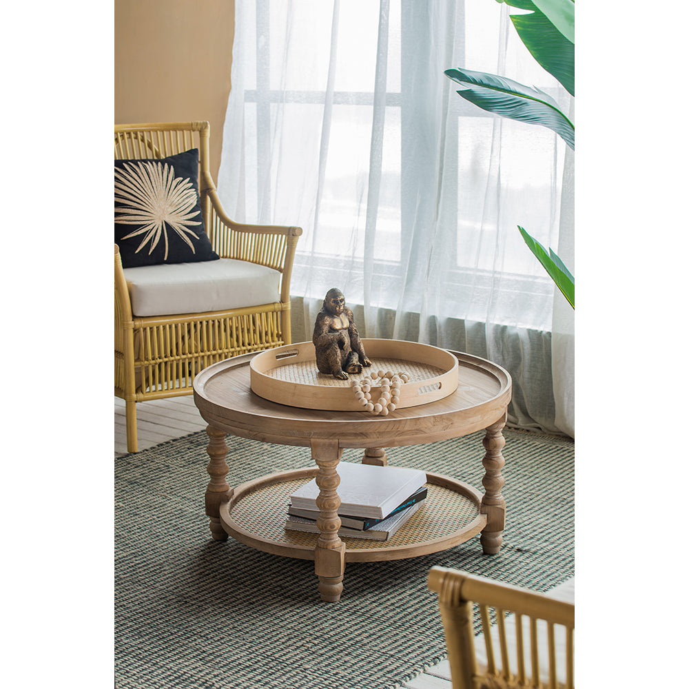 Round End Table with Bottom Shelf and Turned Legs