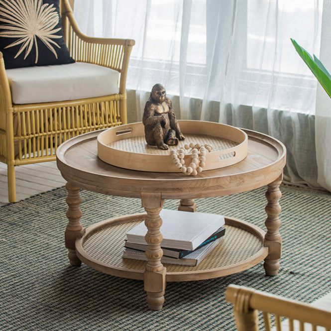 Round End Table with Bottom Shelf and Turned Legs