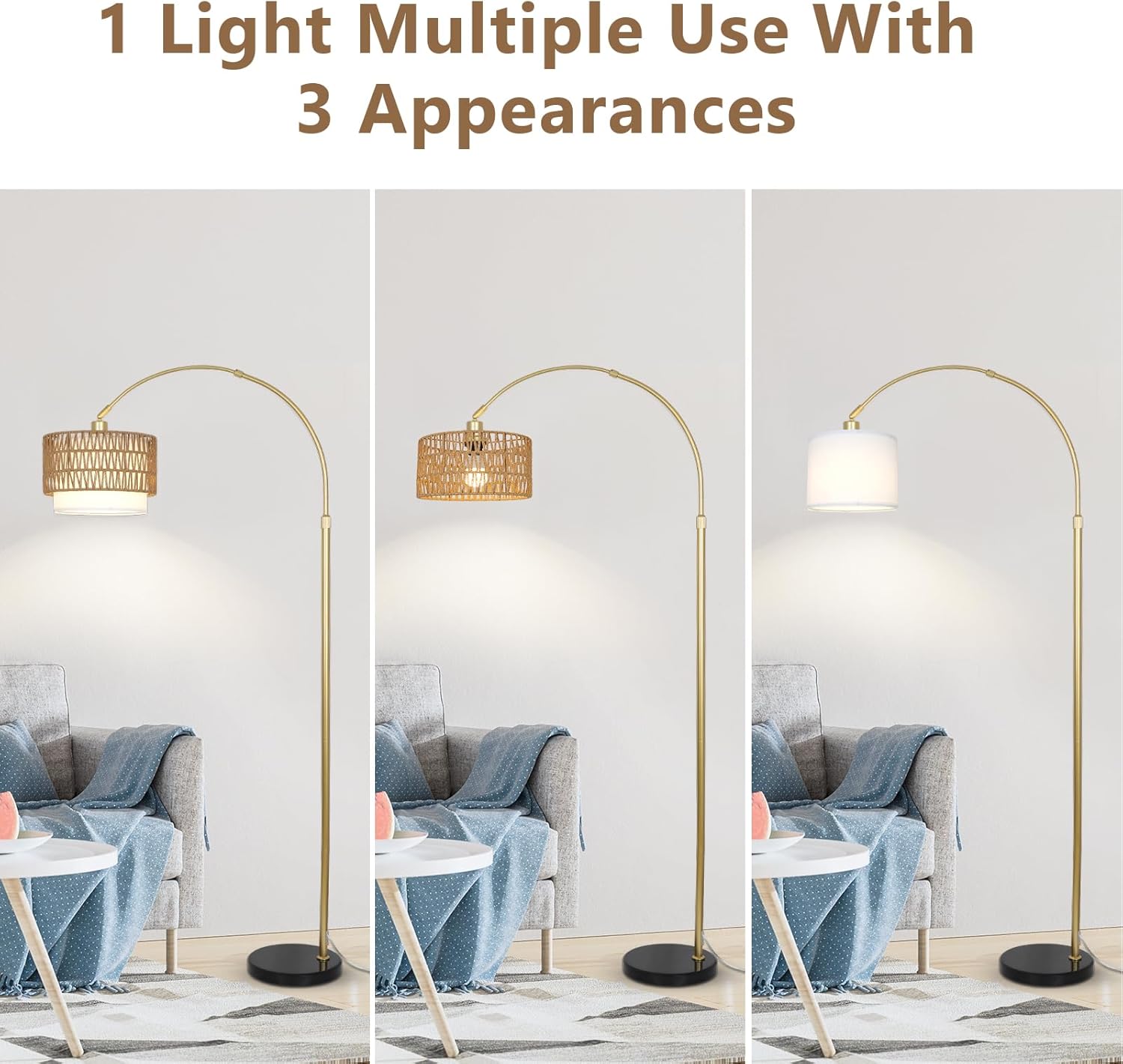 Adjustable Height Arched Floor Lamp with Double Drum Shade and 3 Color Temperatures