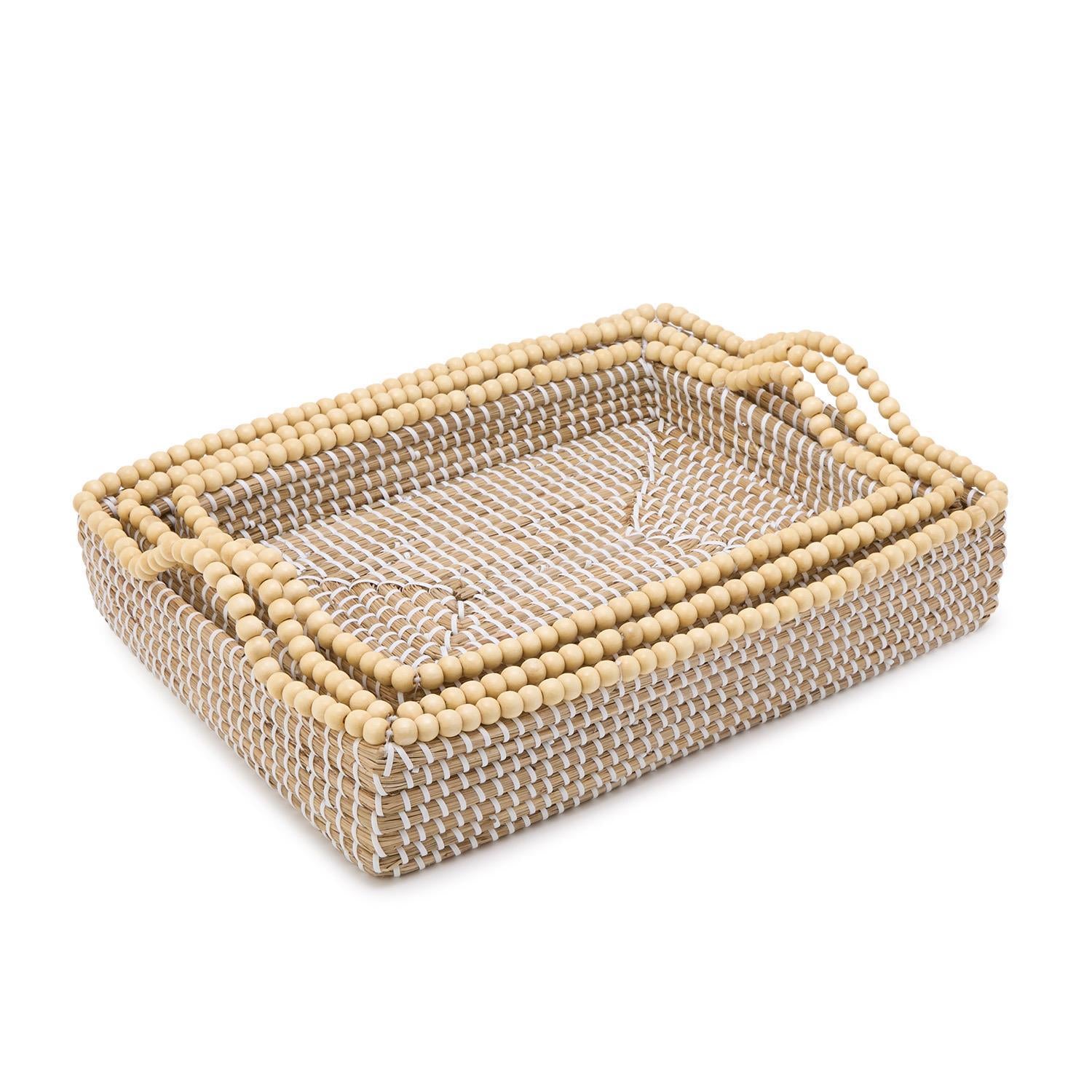 Natural Seagrass Rectangle Trays with Wooden Bead Accent, Set of 3