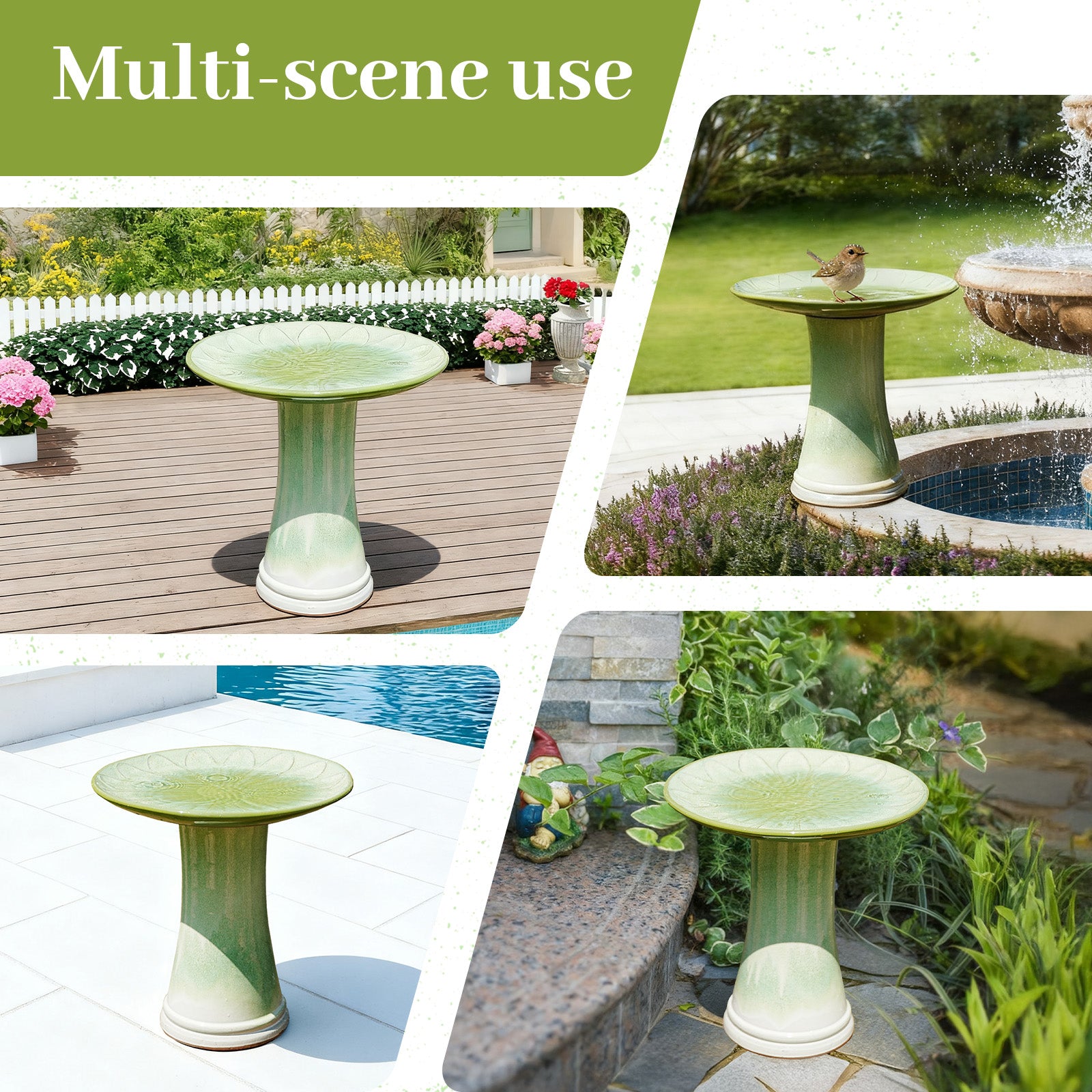 Handmade Green Gradient Glaze Ceramic Bird Bath