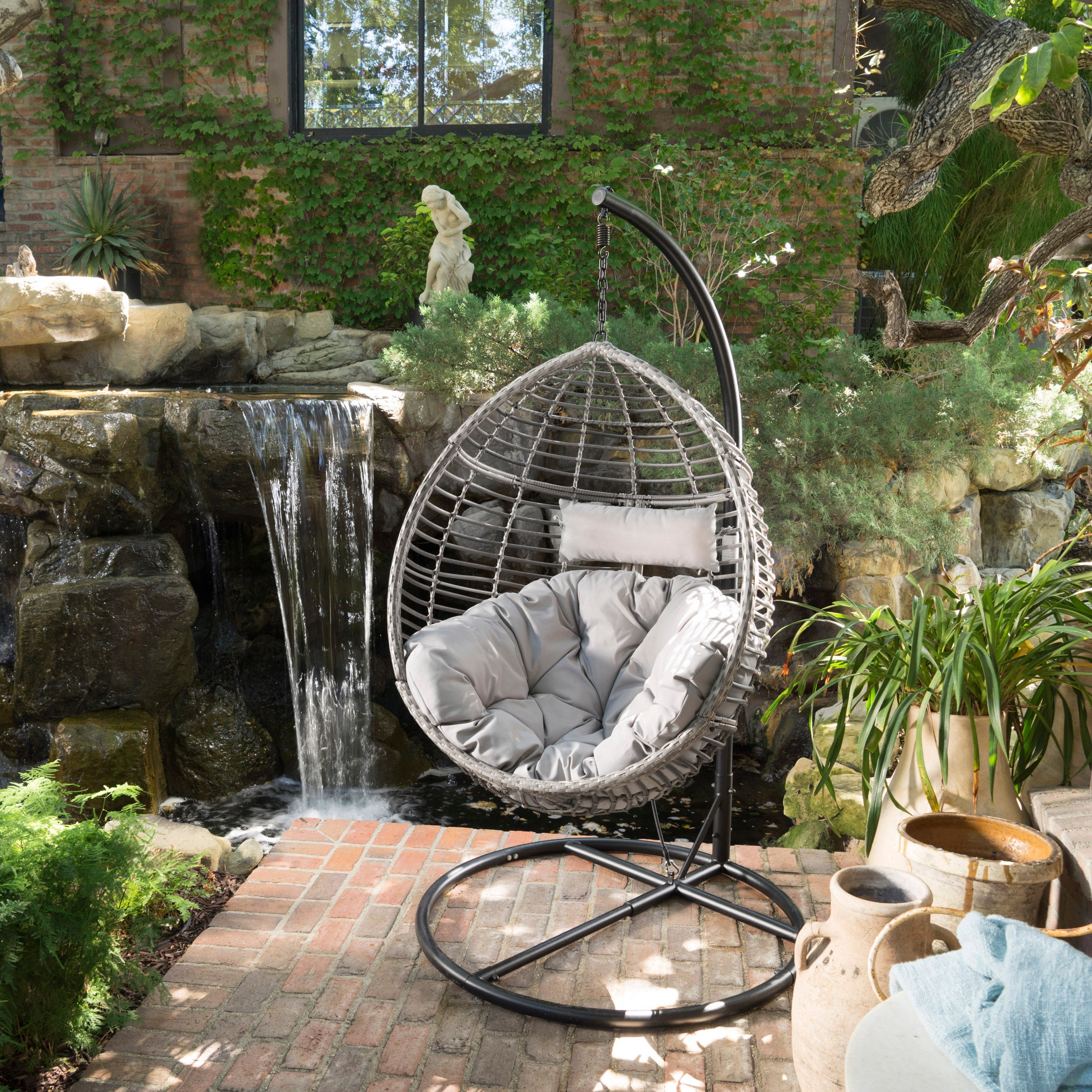 Liberation Outdoor Hanging Basket Chair with Metal Frame and Seat Cushion